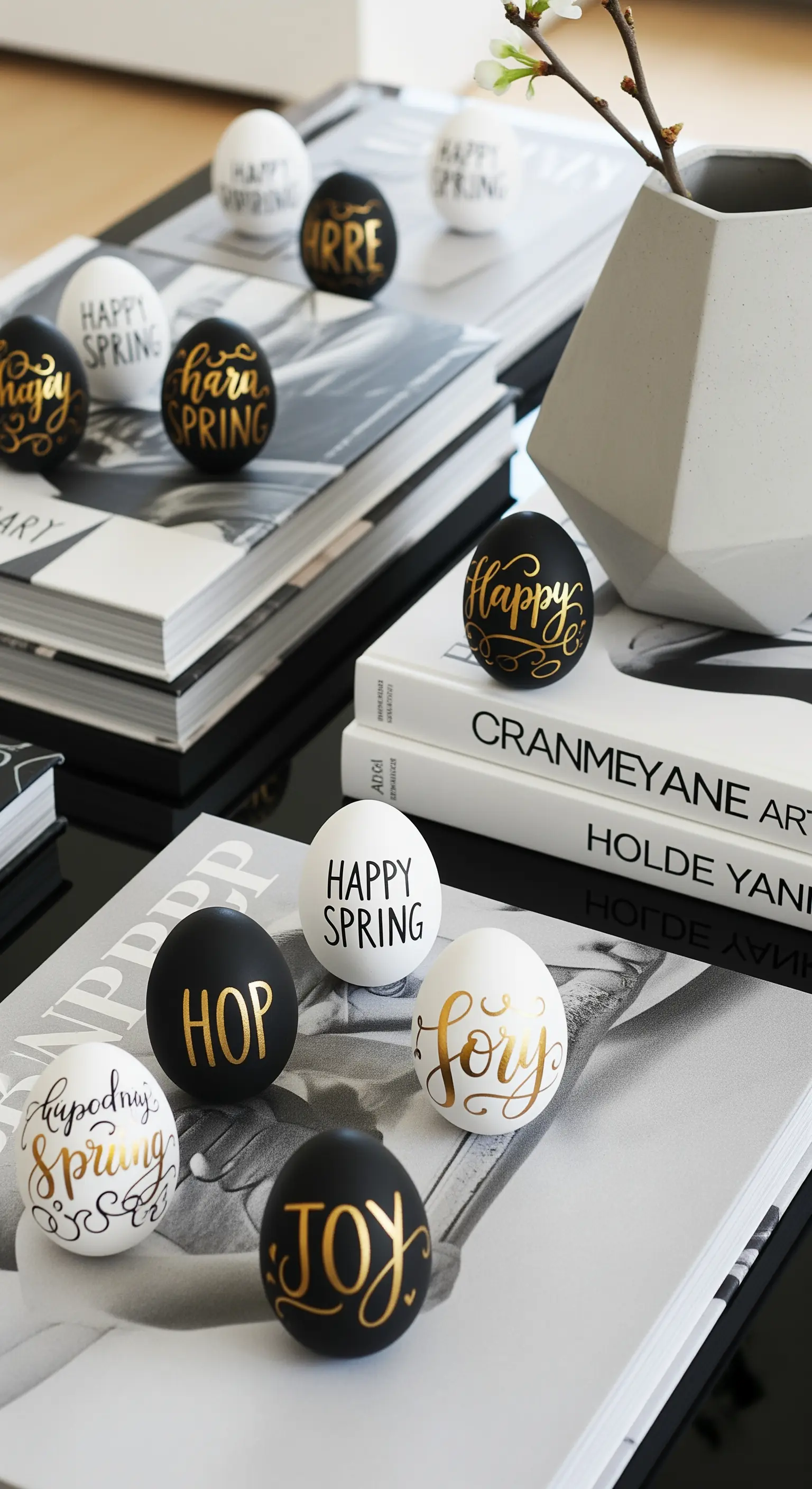 Schwarz-weiße Eier mit goldener Schrift auf Büchern