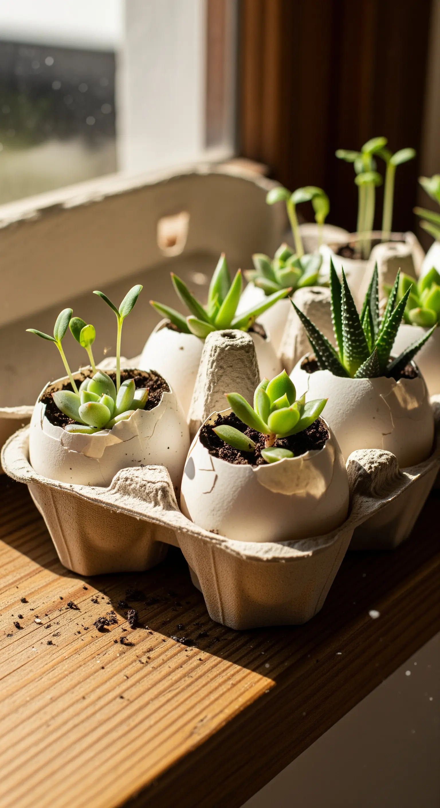 Eierschalen im Karton, bepflanzt mit kleinen Sukkulenten und Keimlingen