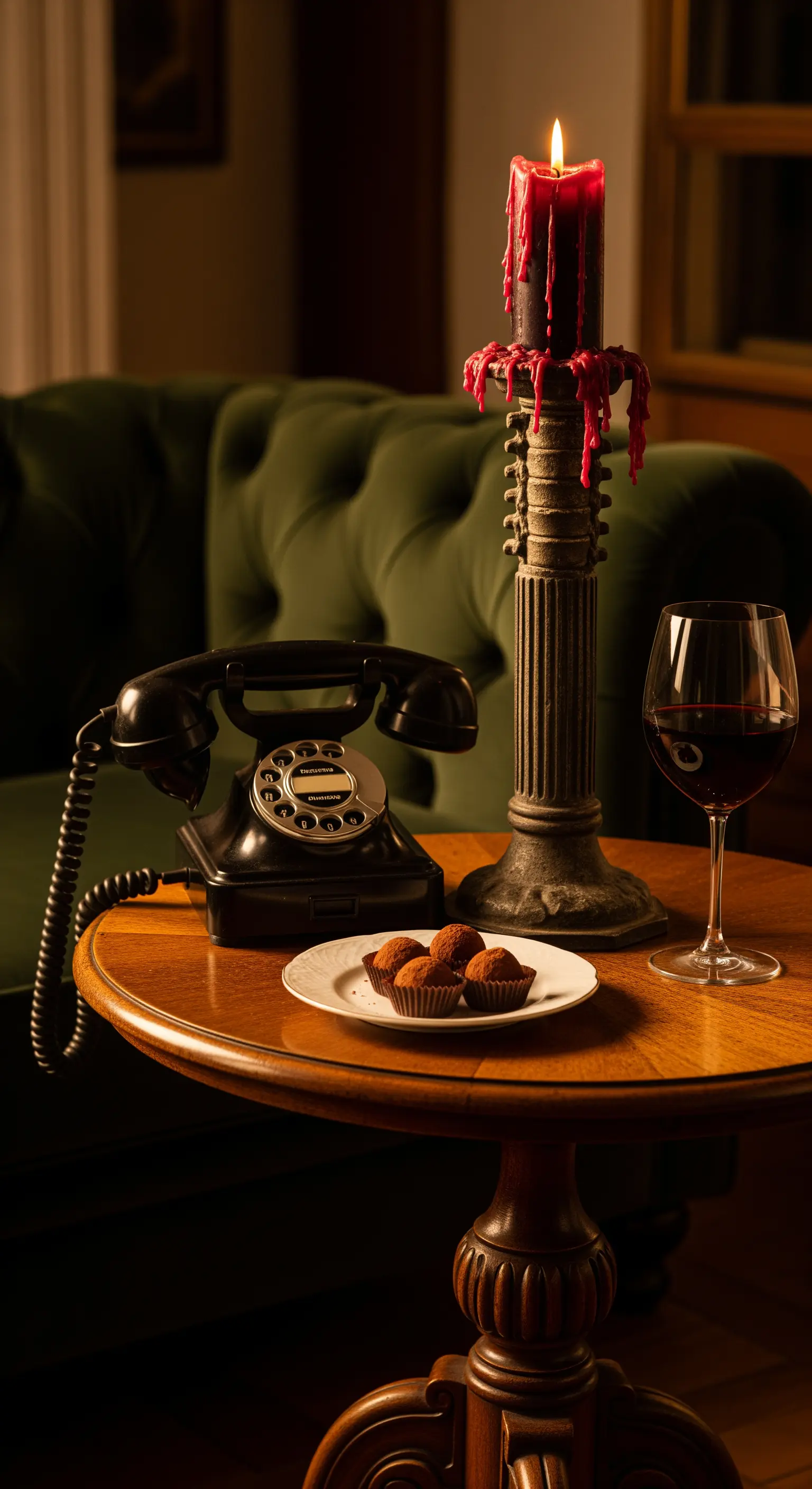 Beistelltisch mit Rotwein und Wirbelsäulen-Kerze