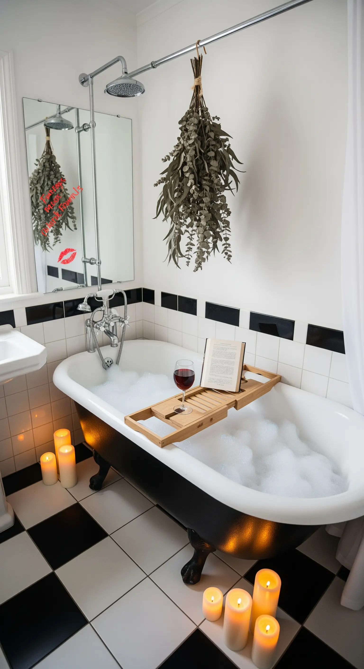 Badewanne mit hängendem Eukalyptus und Kerzen