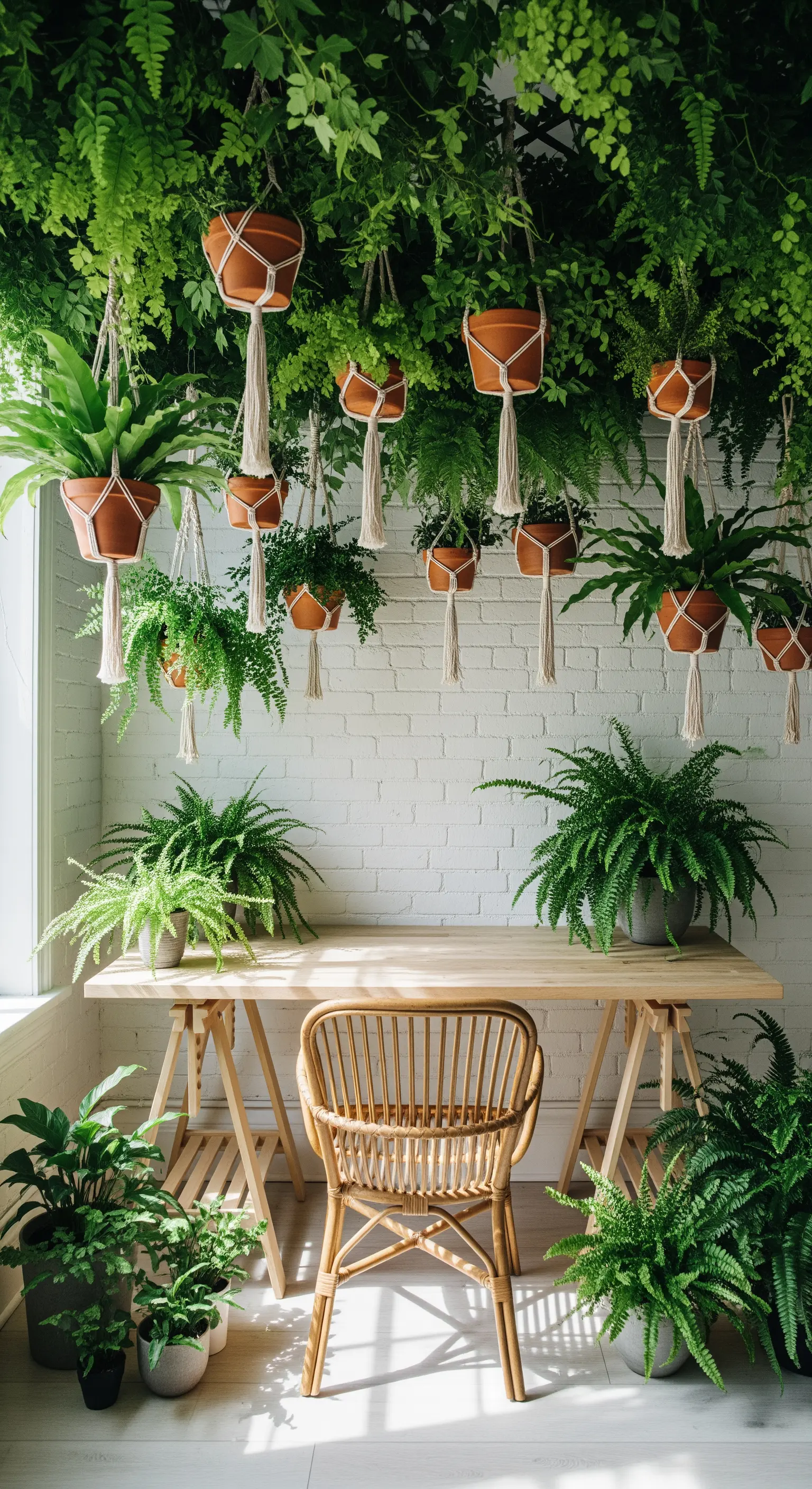 Schreibtisch unter einer Decke voller hängender Farne