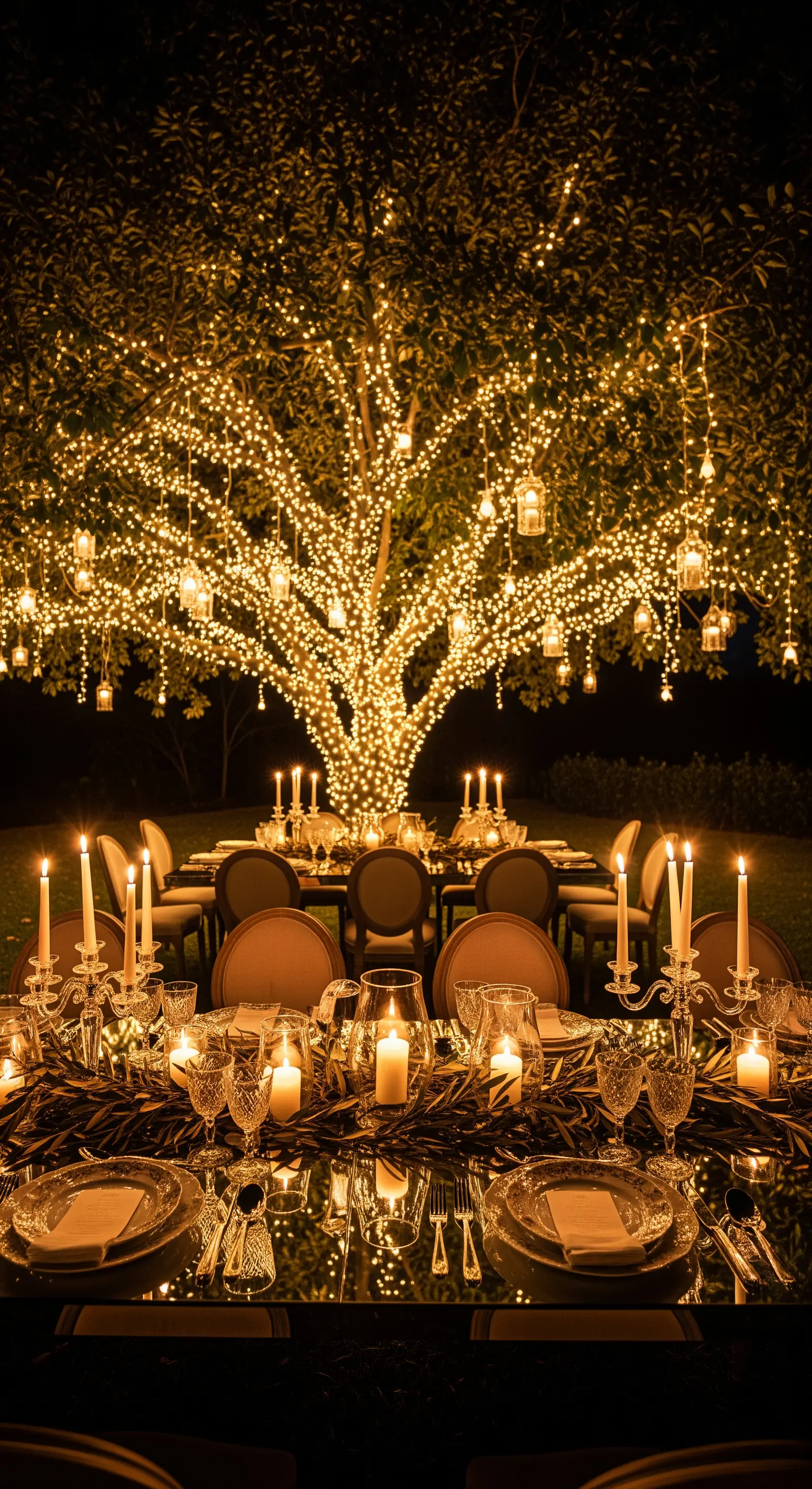 Großer Baum komplett mit Lichterketten über Tisch beleuchtet