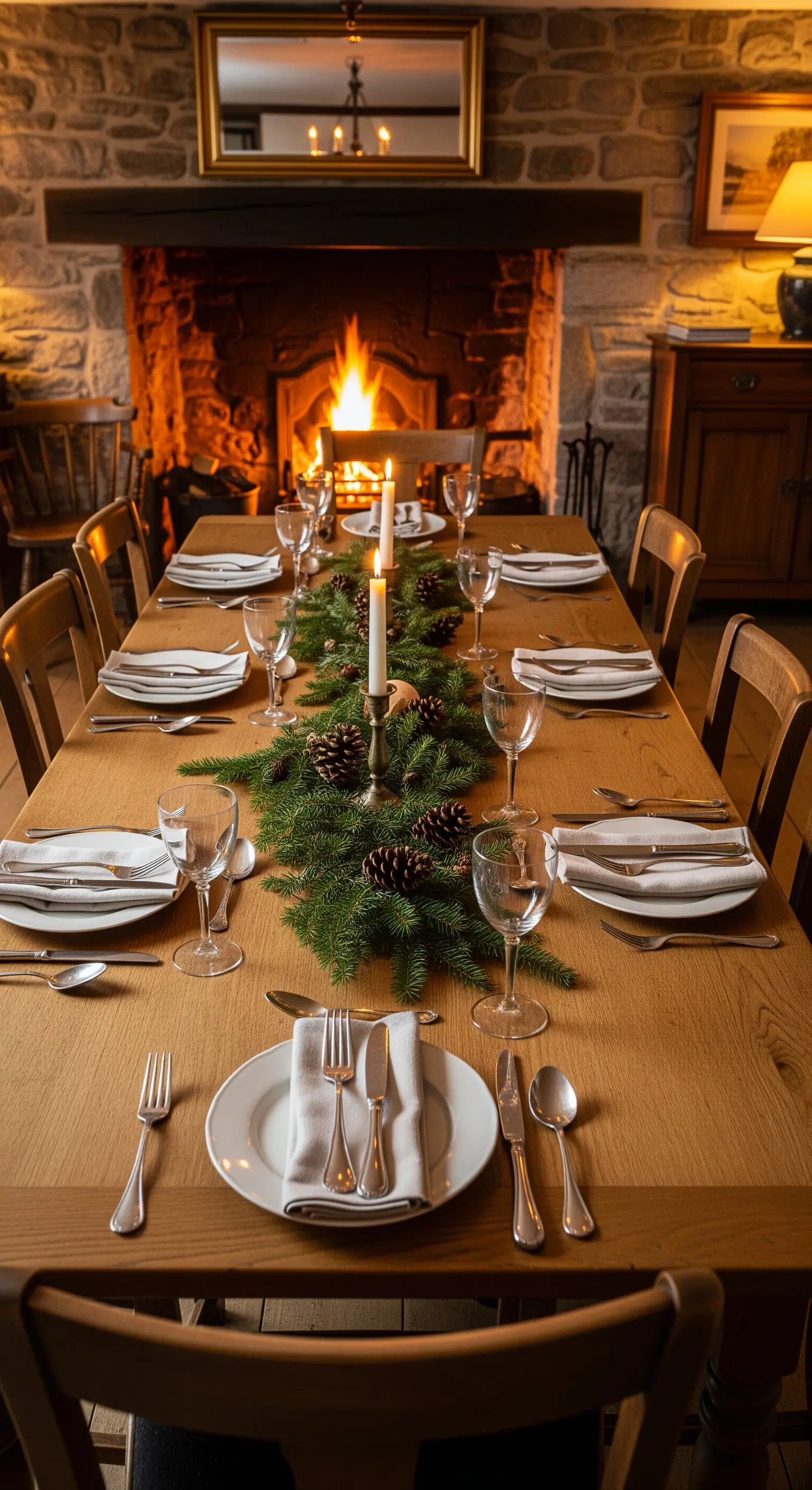 Langer Holztisch mit Tannenzweig-Läufer und Kerzen