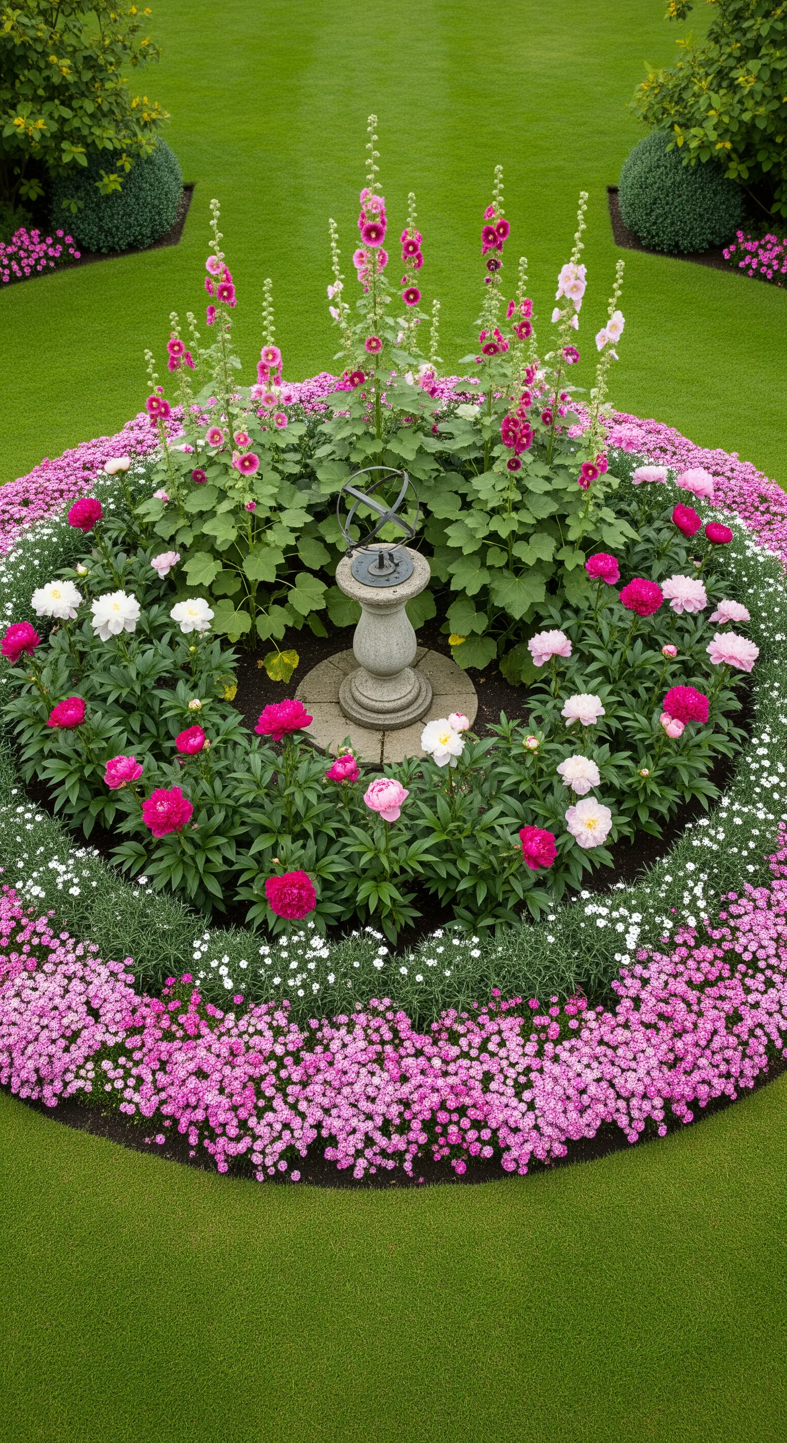 Rundes Blumenbeet im Rasen mit Sonnenuhr und rosa Stockrosen