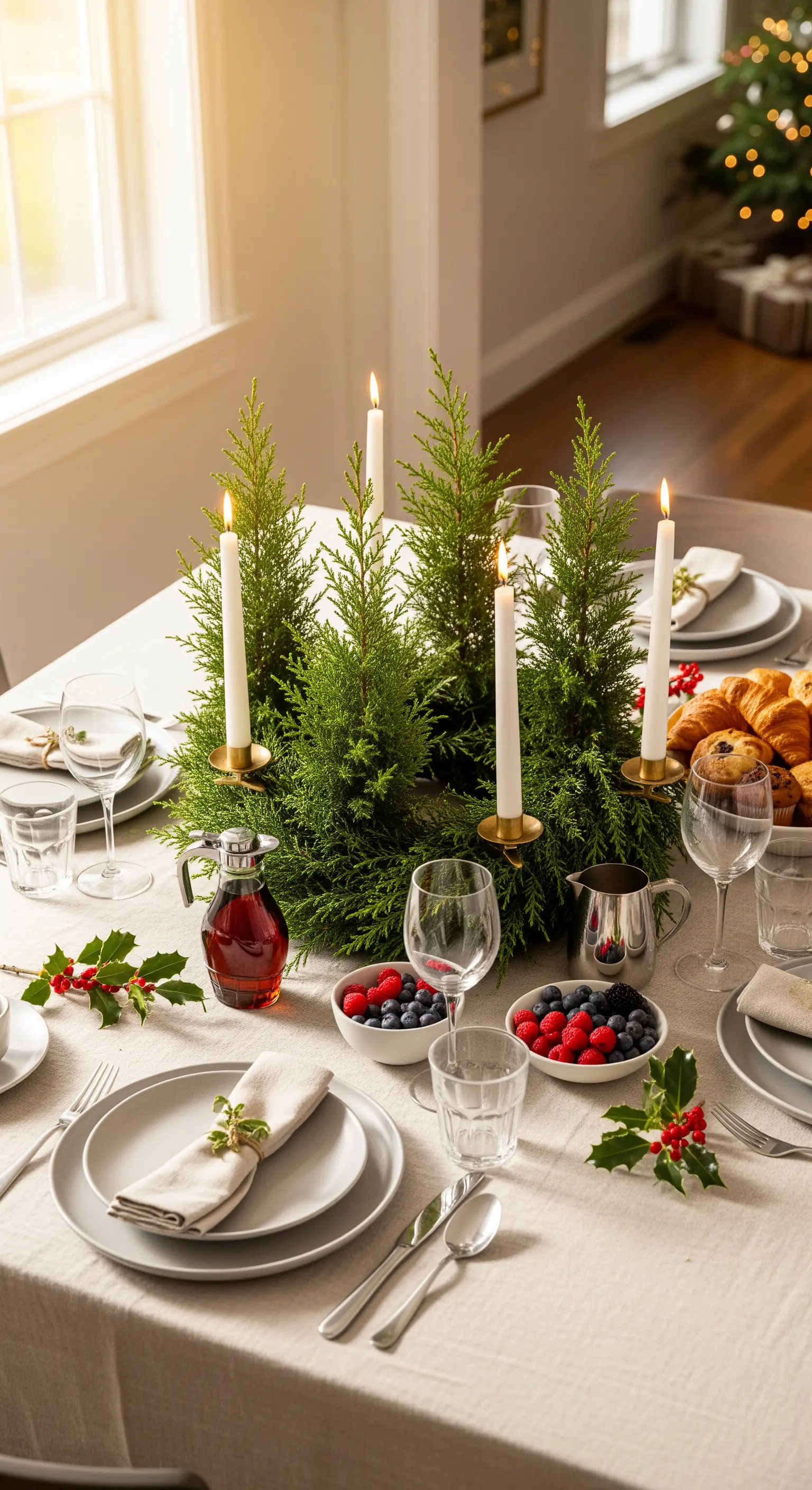 Tischmitte dekoriert mit kleinen Zypressen-Bäumchen und weißen Stabkerzen