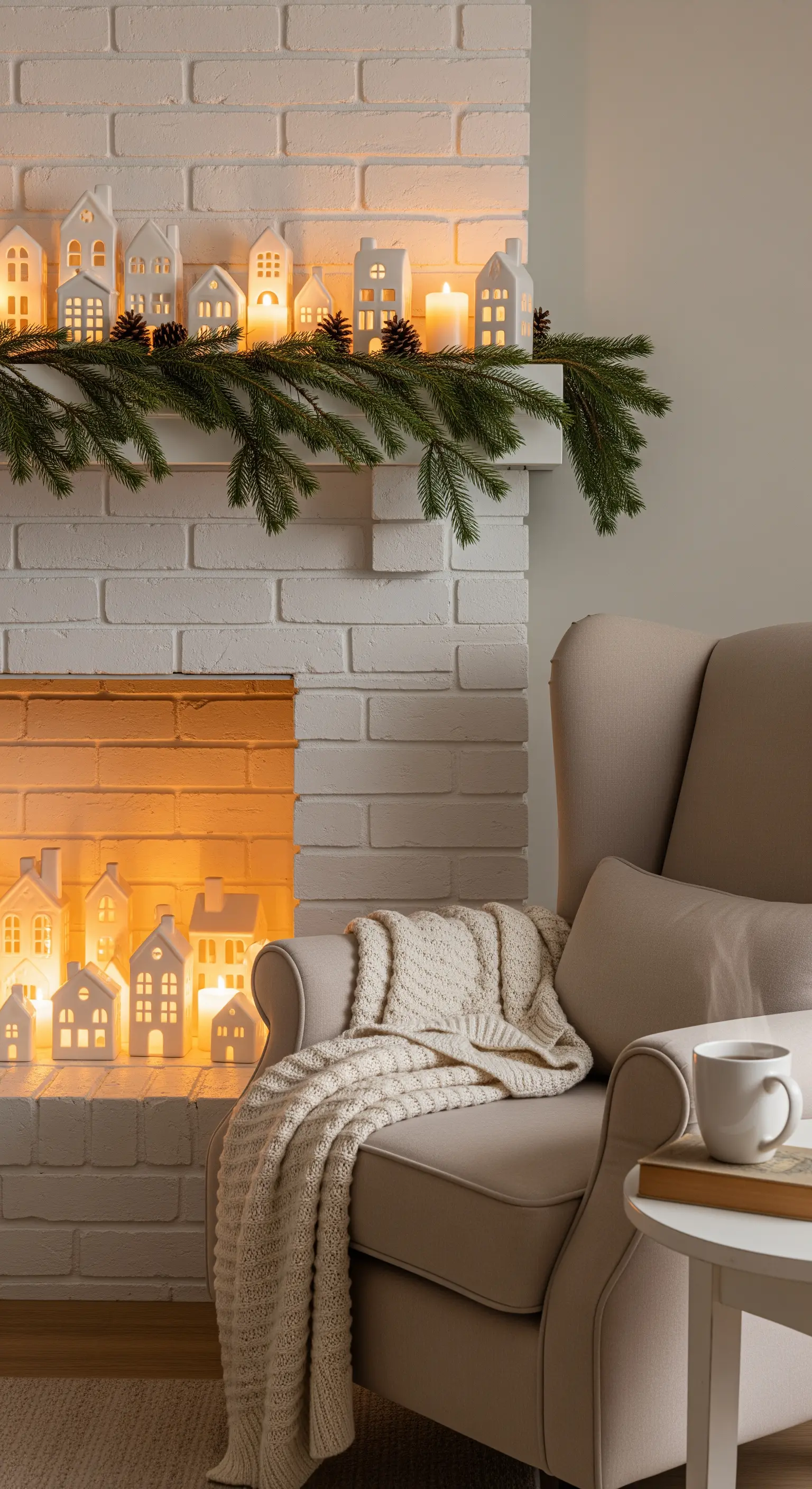 Weiße Lichthäuser auf dem Kaminsims