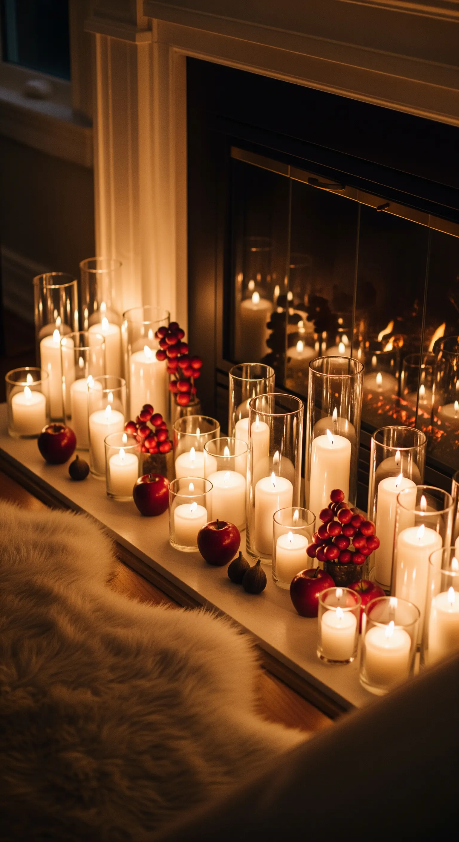 Kamin gefüllt mit vielen Glaszylindern und Kerzen, davor Fell