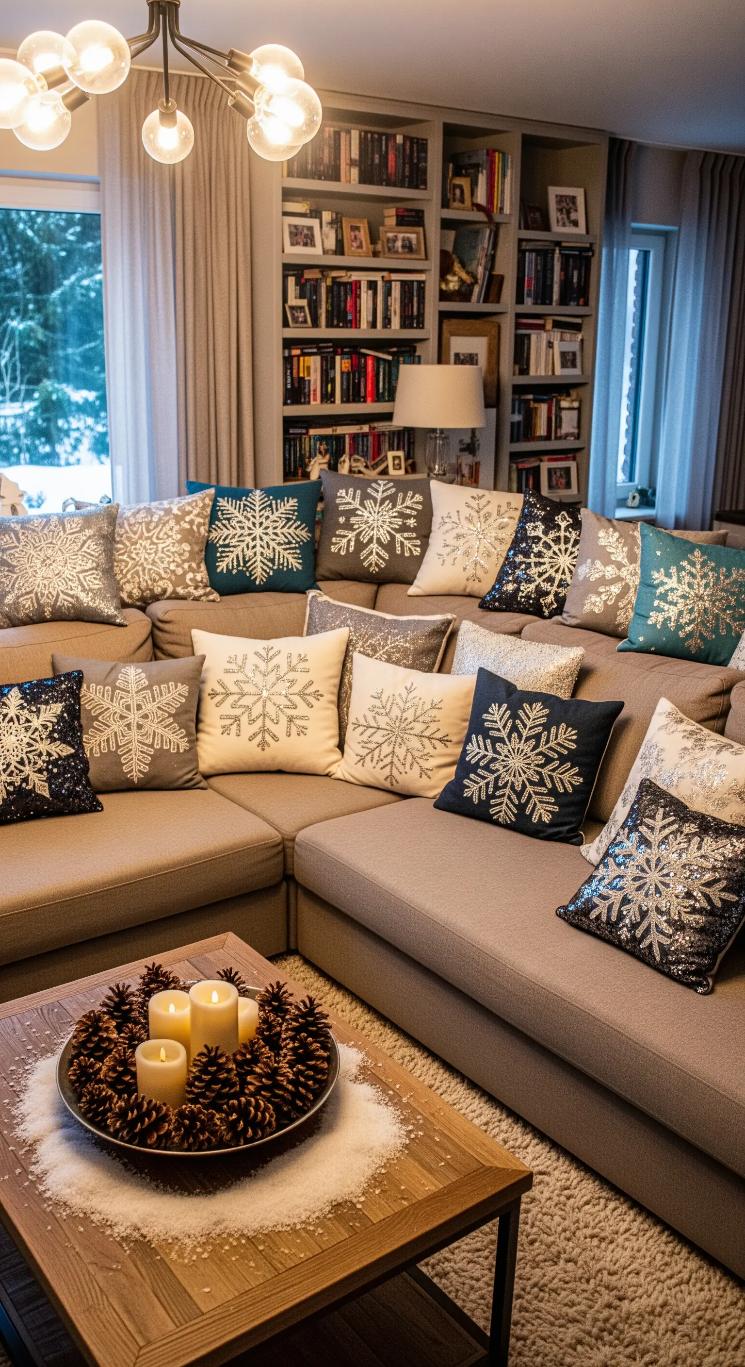 Ecksofa voller verschiedener Kissen mit Schneeflocken-Motiven