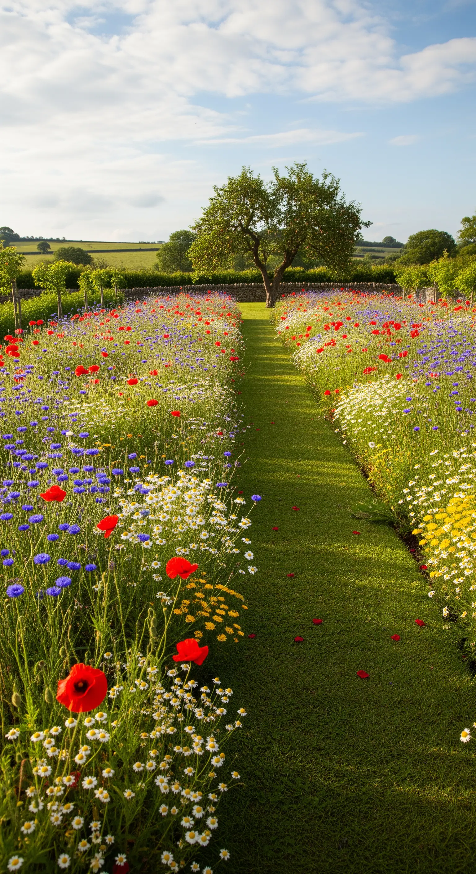 Gemähter Grasweg durch eine bunte Mohn- und Kornblumenwiese
