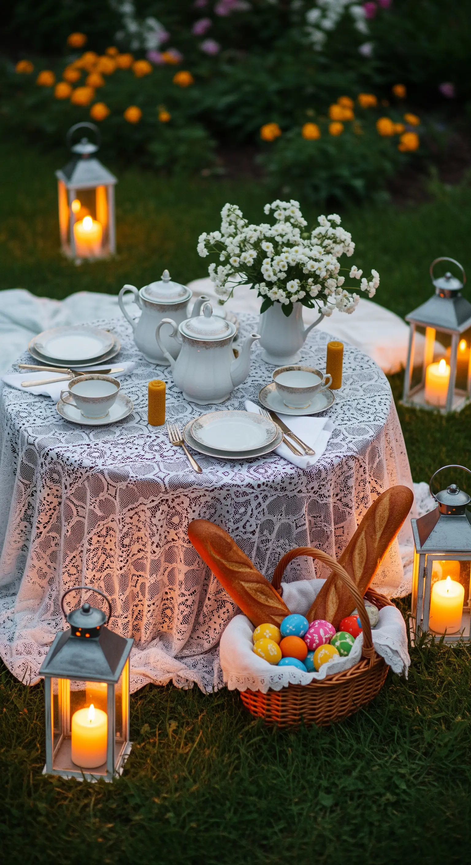 Gartentisch mit Spitzendecke, Kaffeegeschirr und Baguette im Gras
