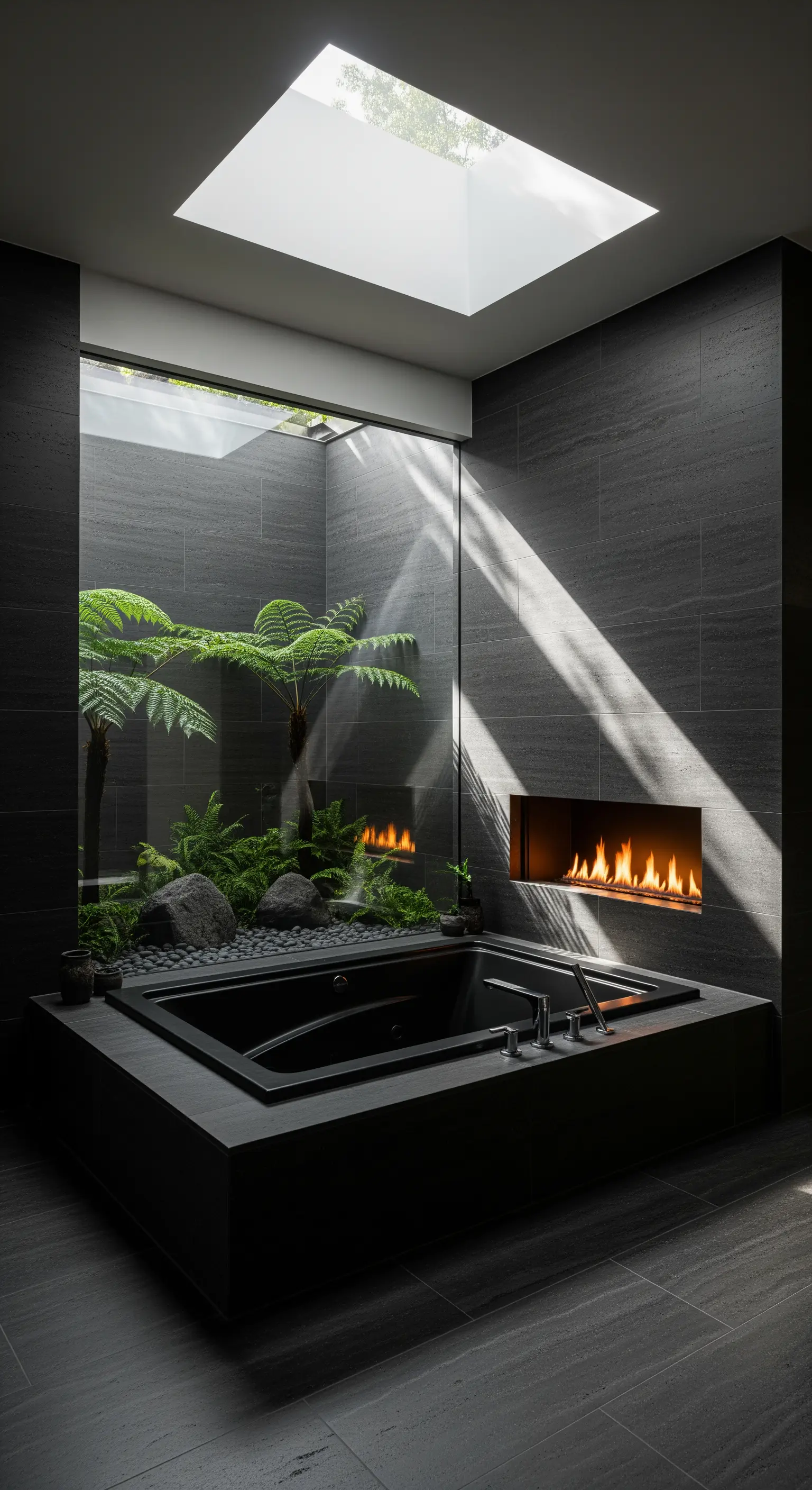 Badewanne unter Oberlicht mit Farnen und Kamin