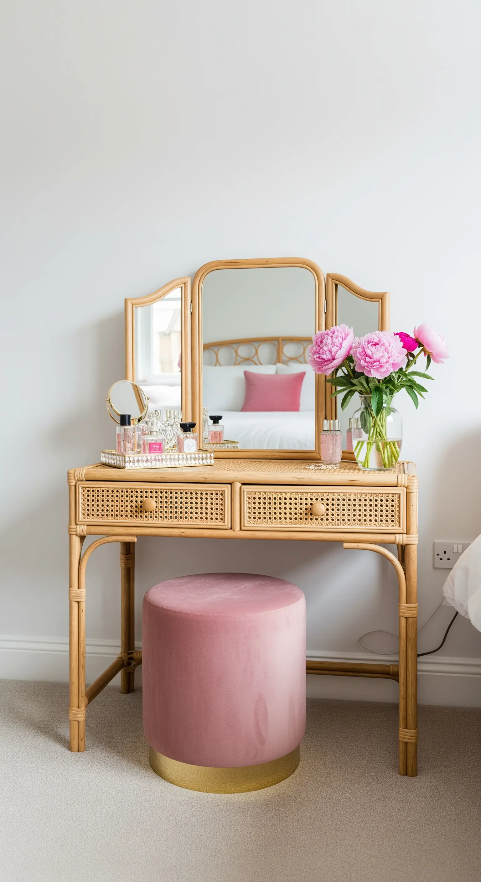 Rattan-Schminktisch mit rosa Samthocker und Blumen