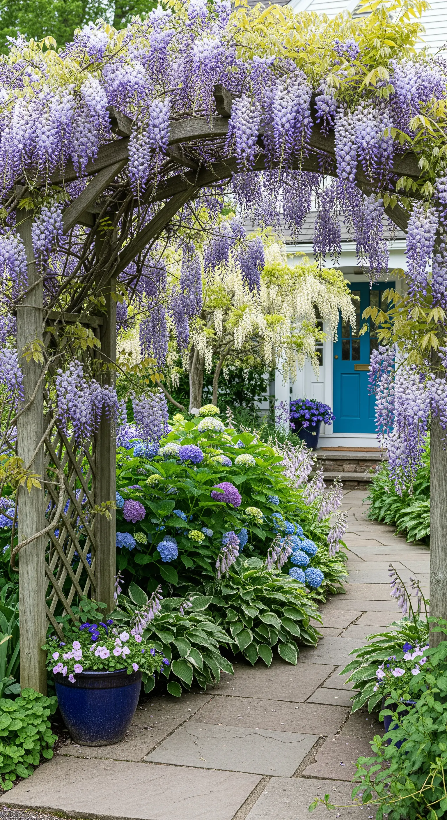 Holzbogen mit üppigem Blauregen und blauem Gartentor im Hintergrund