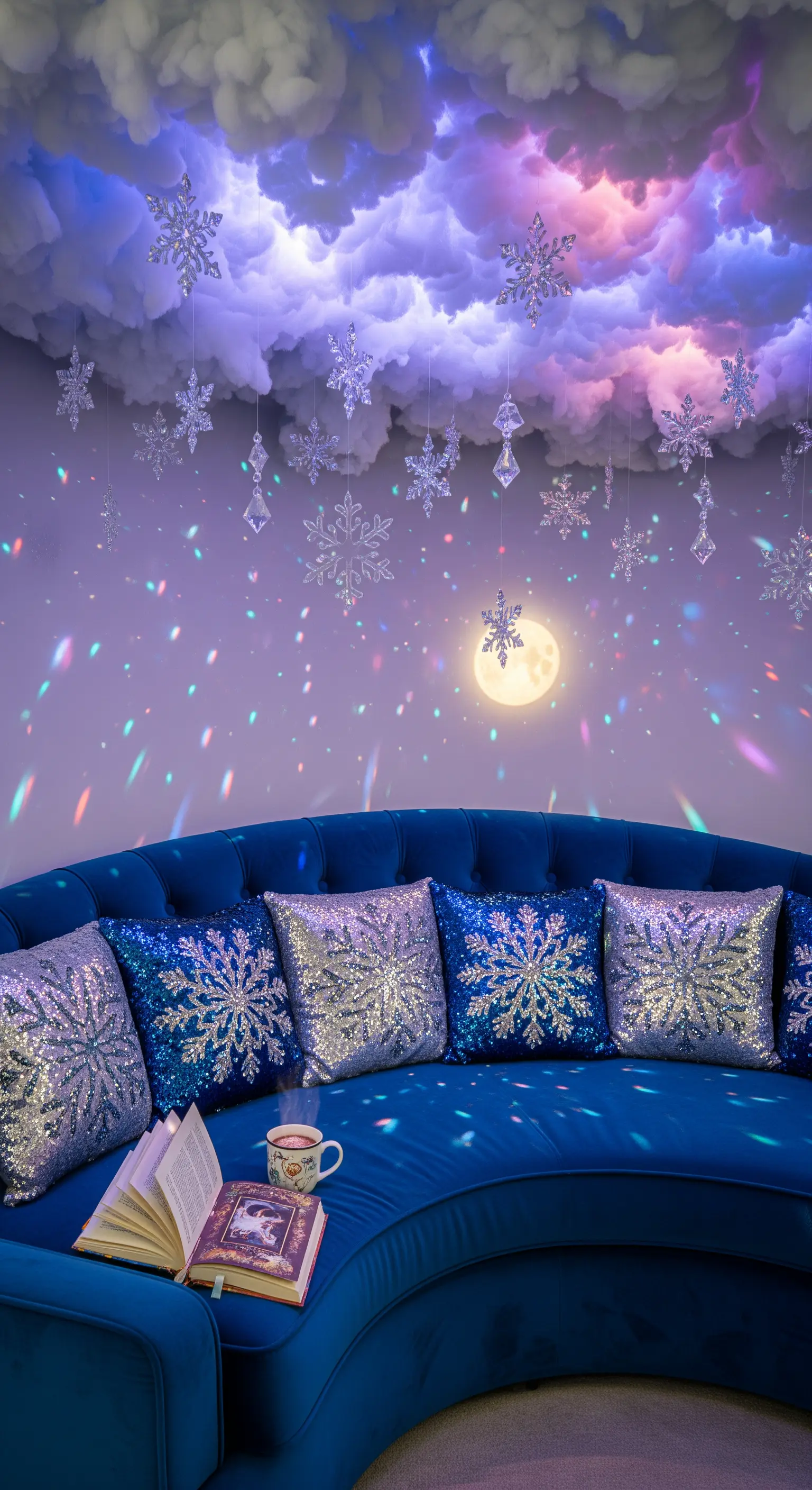 Blaue Samtcouch unter Deckeninstallation aus Wolken und Kristallen