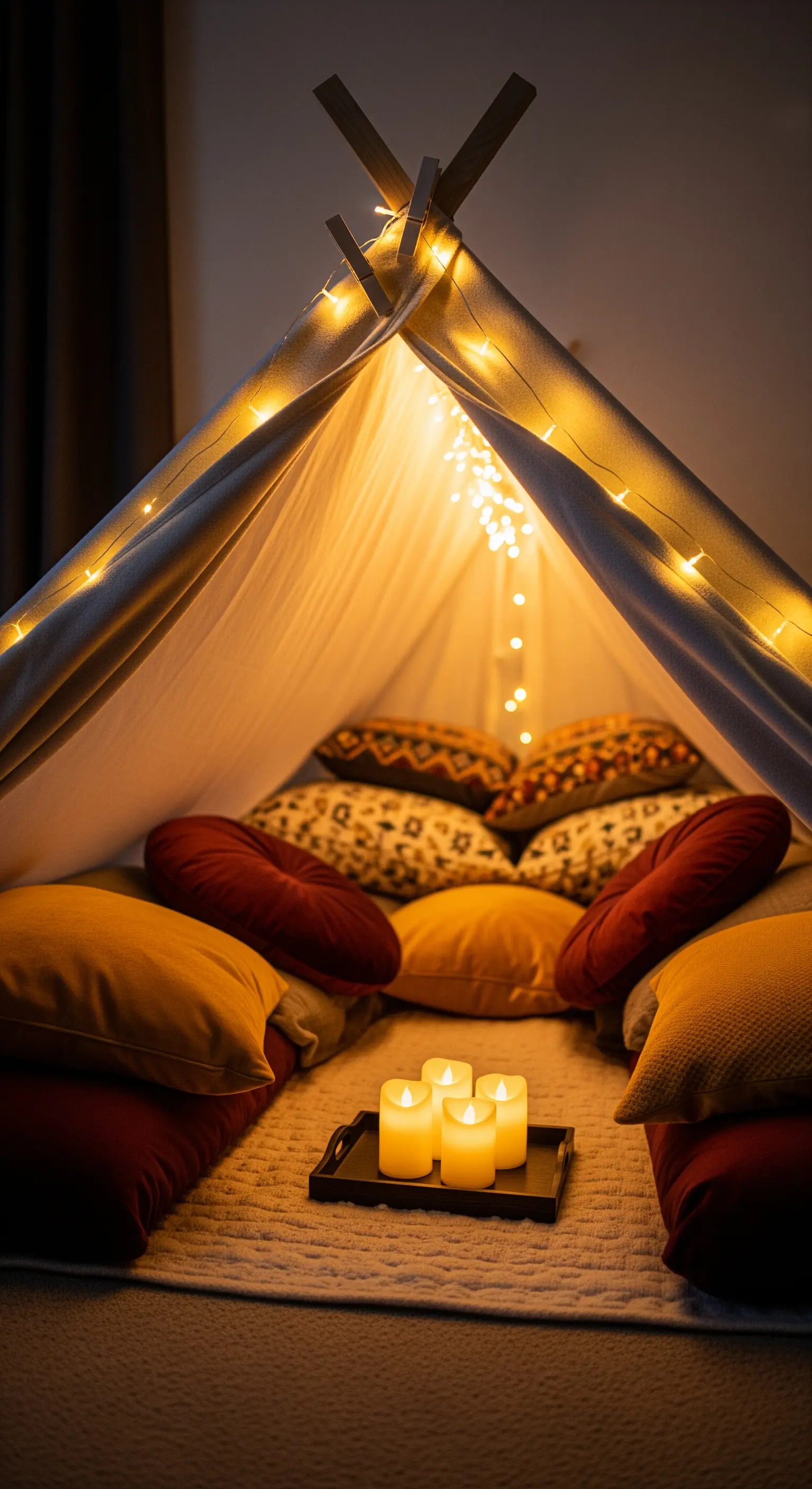 Indoor-Tipi-Zelt beleuchtet mit Lichterketten, gefüllt mit Kissen und LED-Kerzen