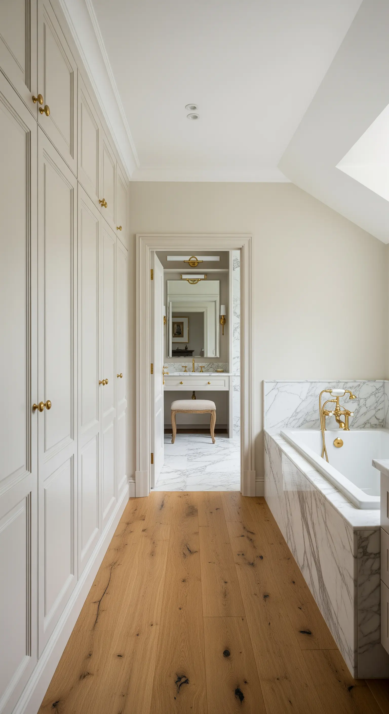 Weißer Flur im Bad mit raumhohen Einbauschränken