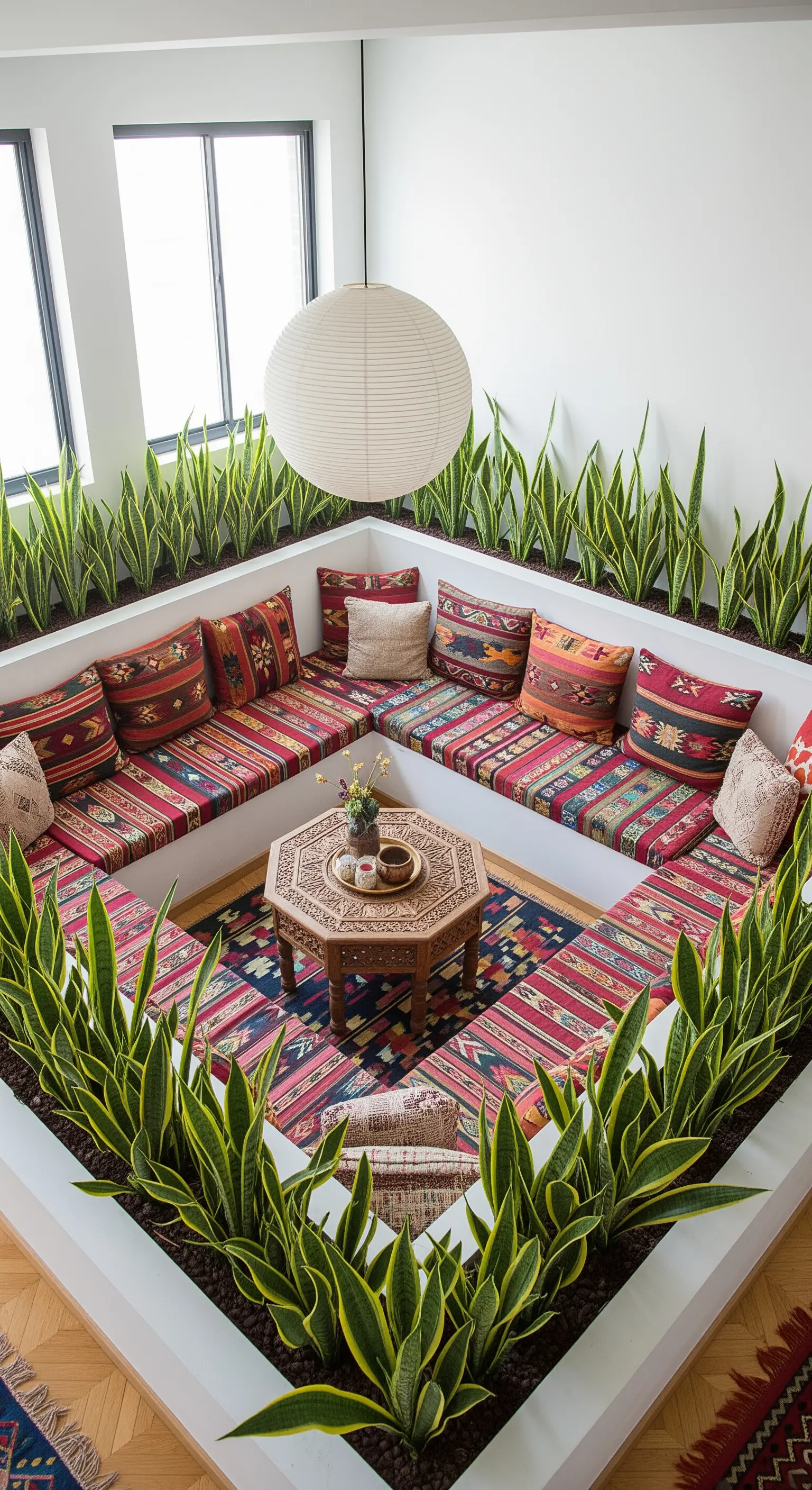 Niedrige Sitzecke umrahmt von einer Reihe Bogenhanf-Pflanzen