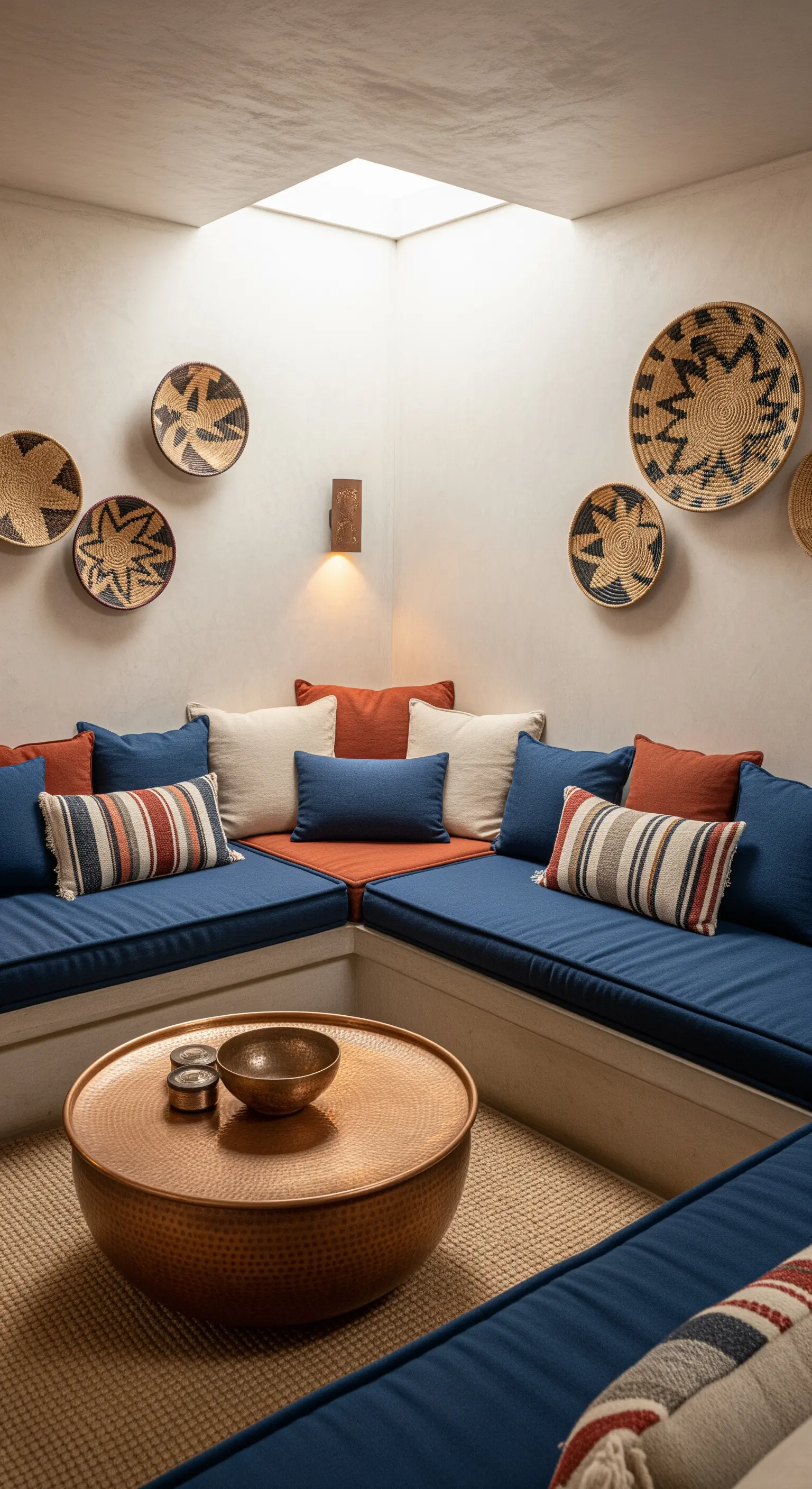 Sitzecke mit blauen Polstern und Wanddeko aus geflochtenen Körben
