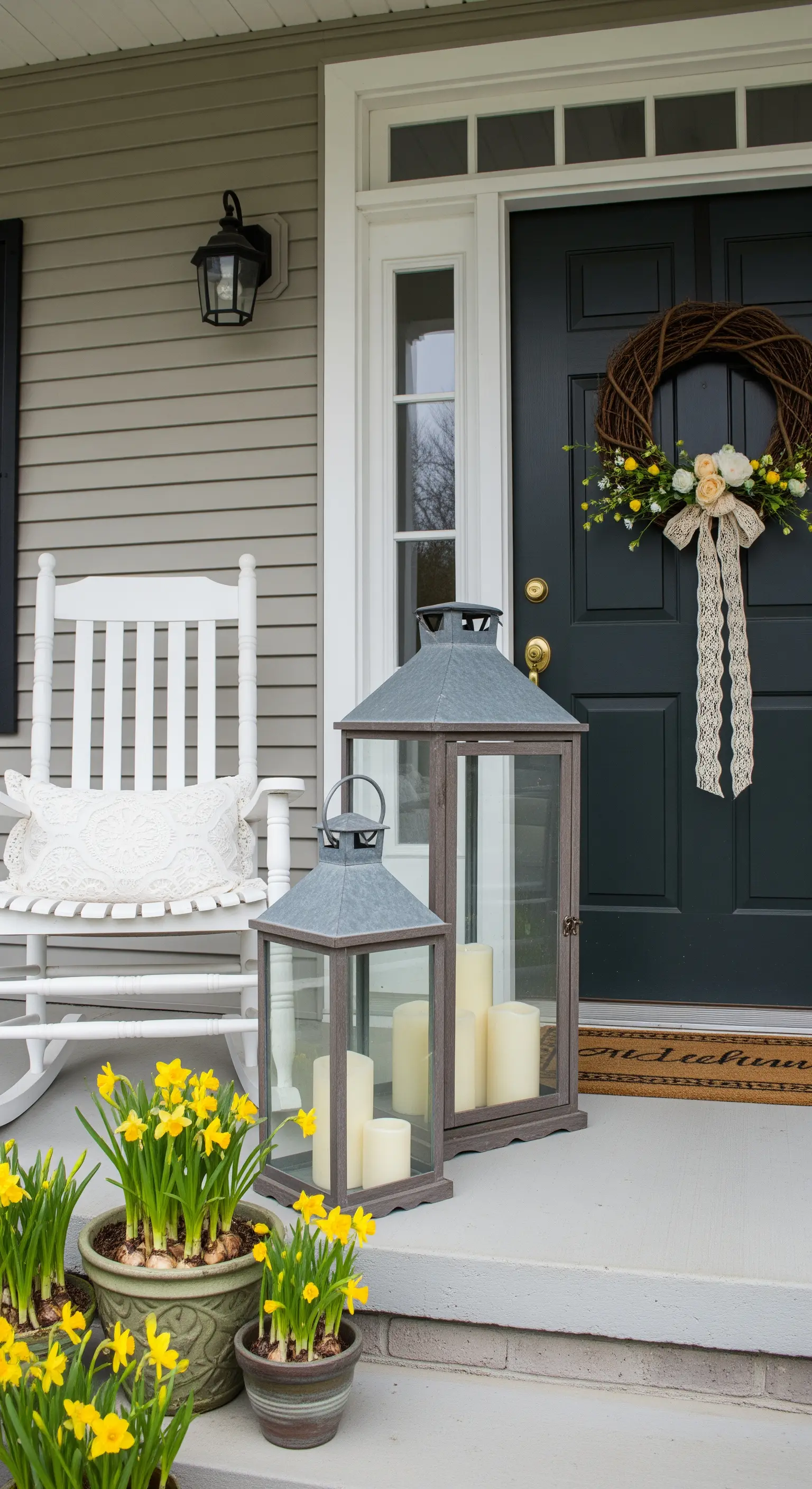 Eingangstür mit Kranz, Schaukelstuhl und großen Laternen