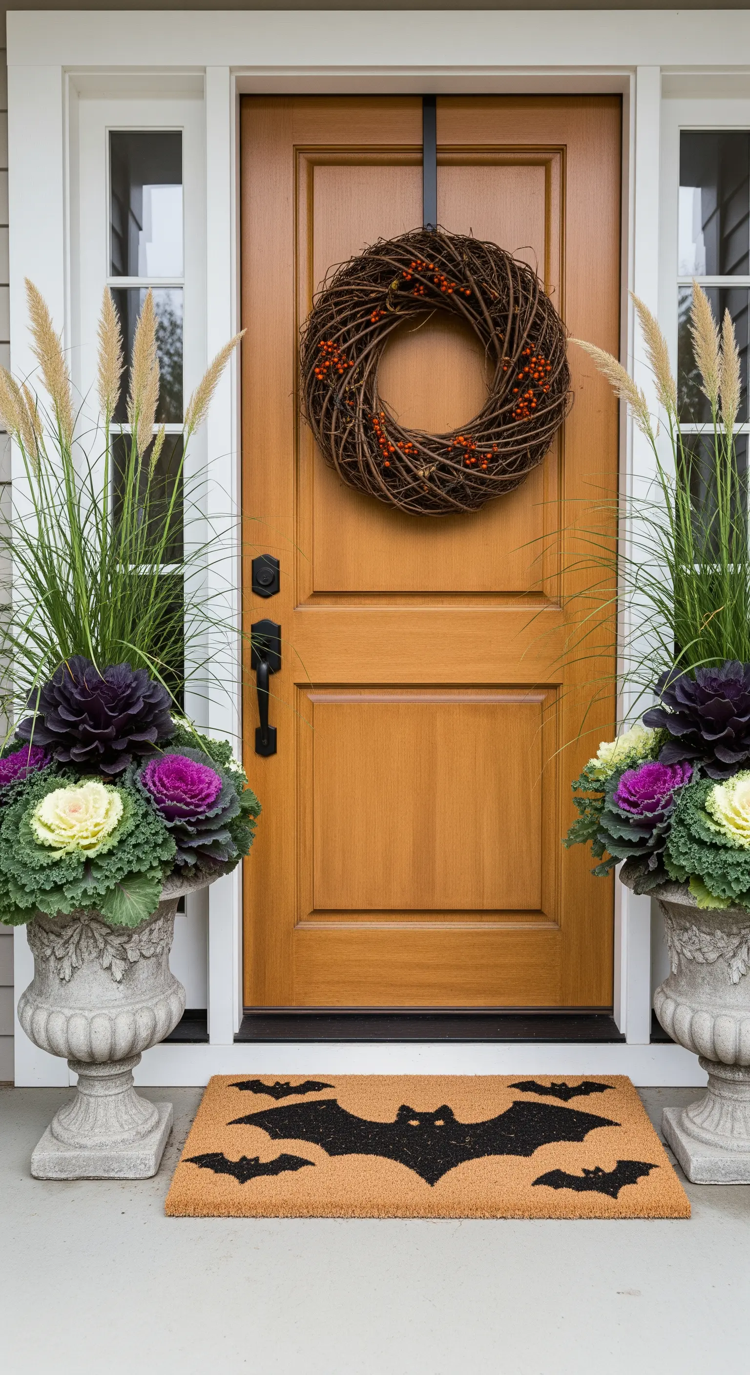 Haustür mit Zierkohl-Pflanztöpfen und Kranz