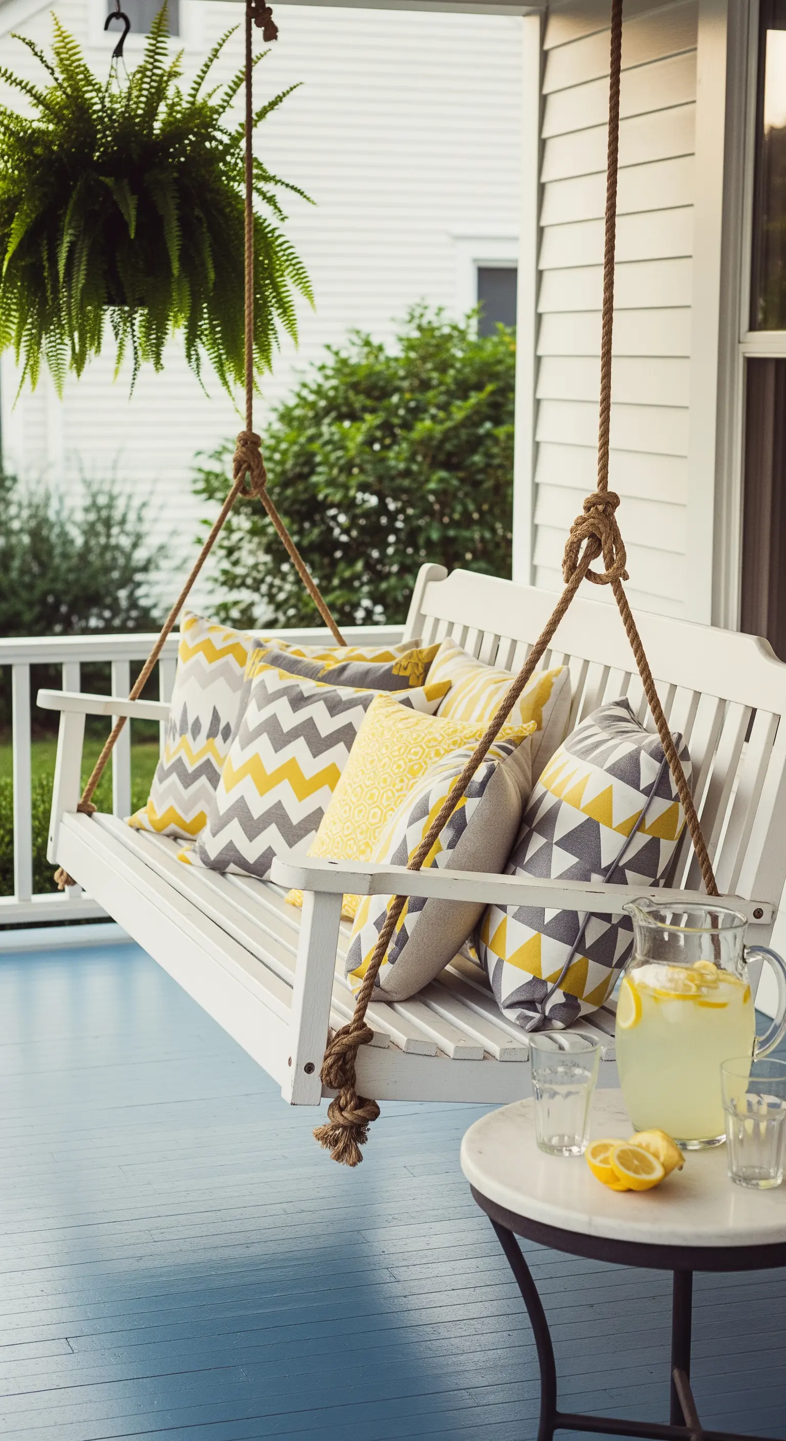 Weiße Hollywoodschaukel mit gelben Kissen auf Veranda