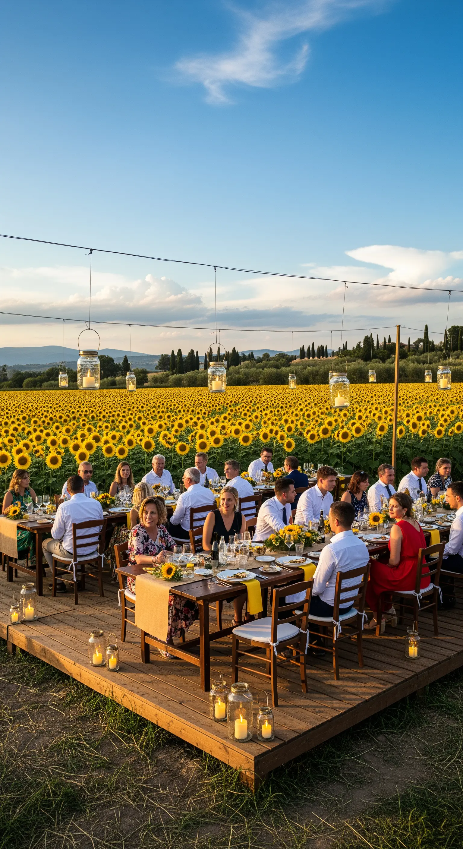 Tisch auf Holzplattform inmitten eines riesigen Sonnenblumenfeldes
