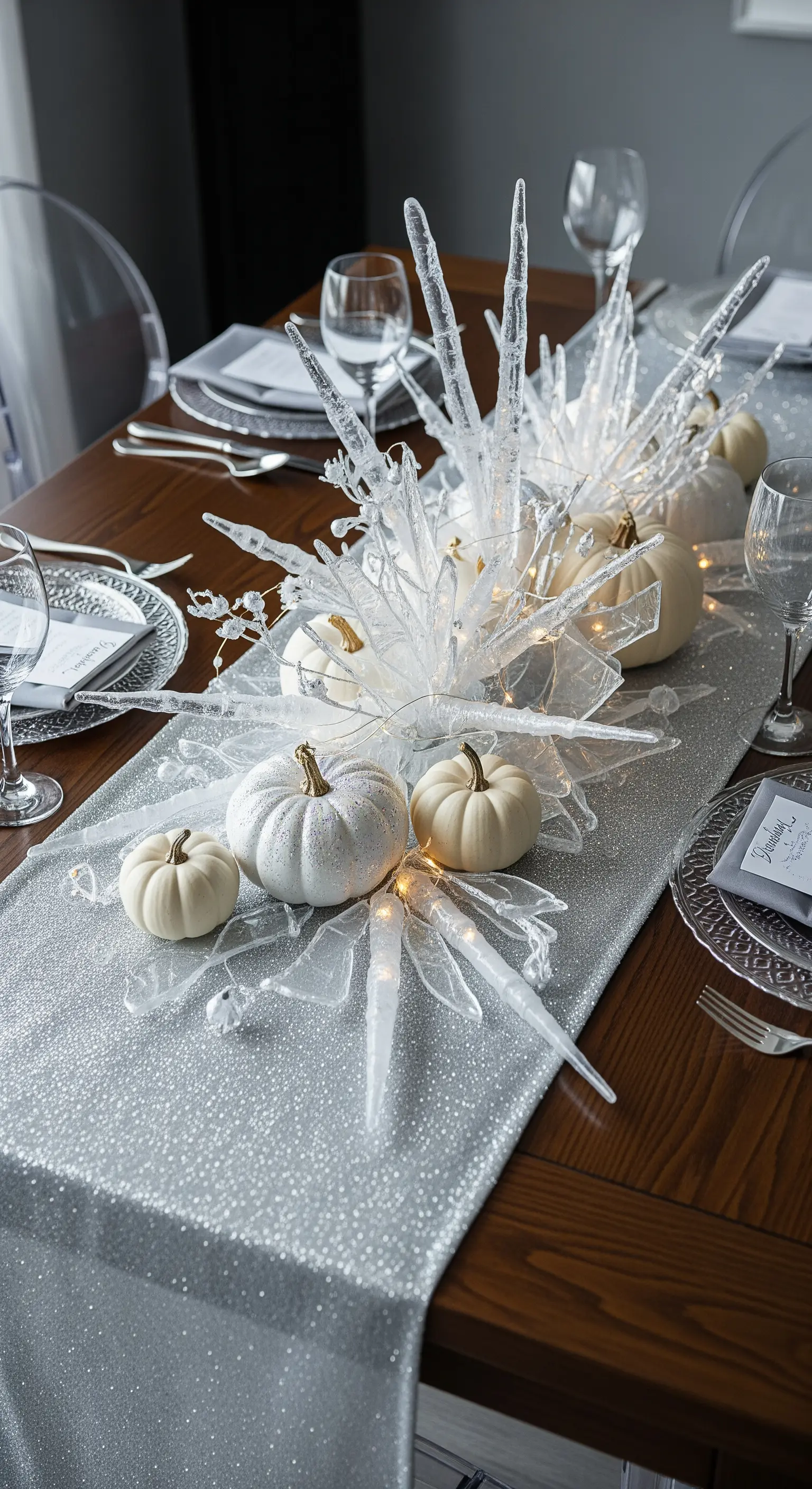 Weiße Glitzerkürbisse und Eiszapfen-Deko auf silbernem Läufer