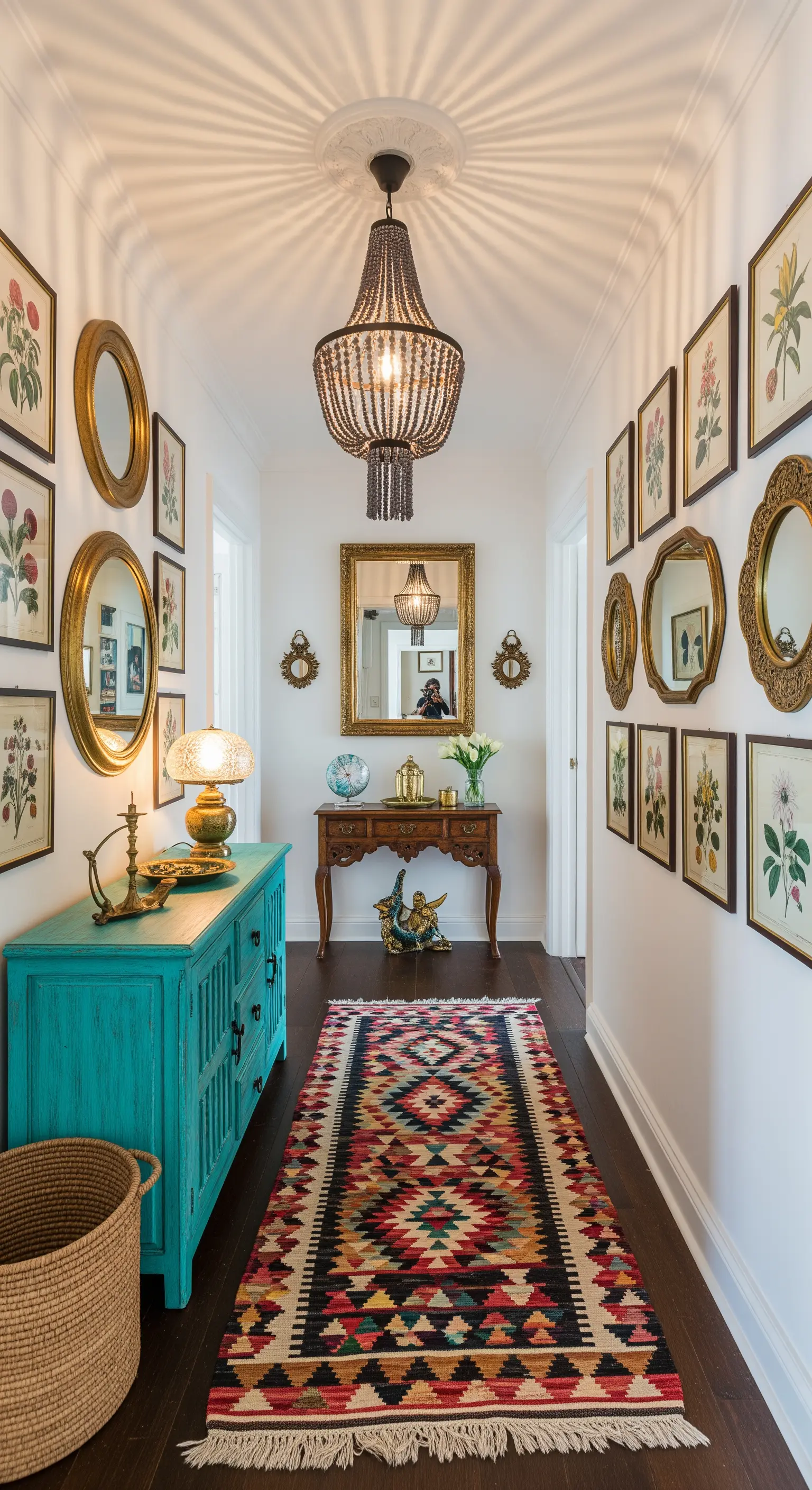 Türkise Kommode mit Spiegelgalerie und Perlenlampe