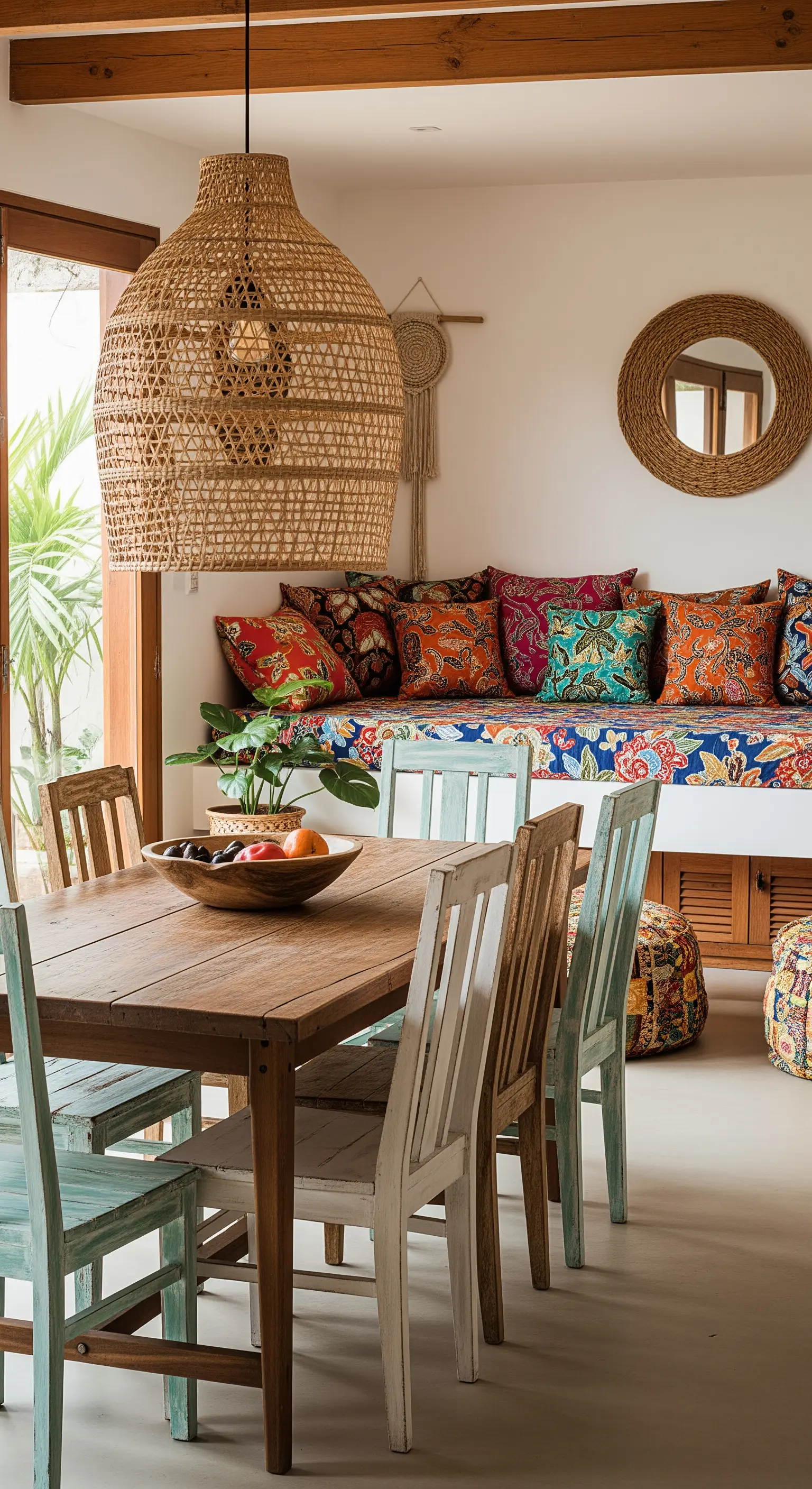 Essbereich mit Bank voller bunter Kissen und großer Rattanlampe