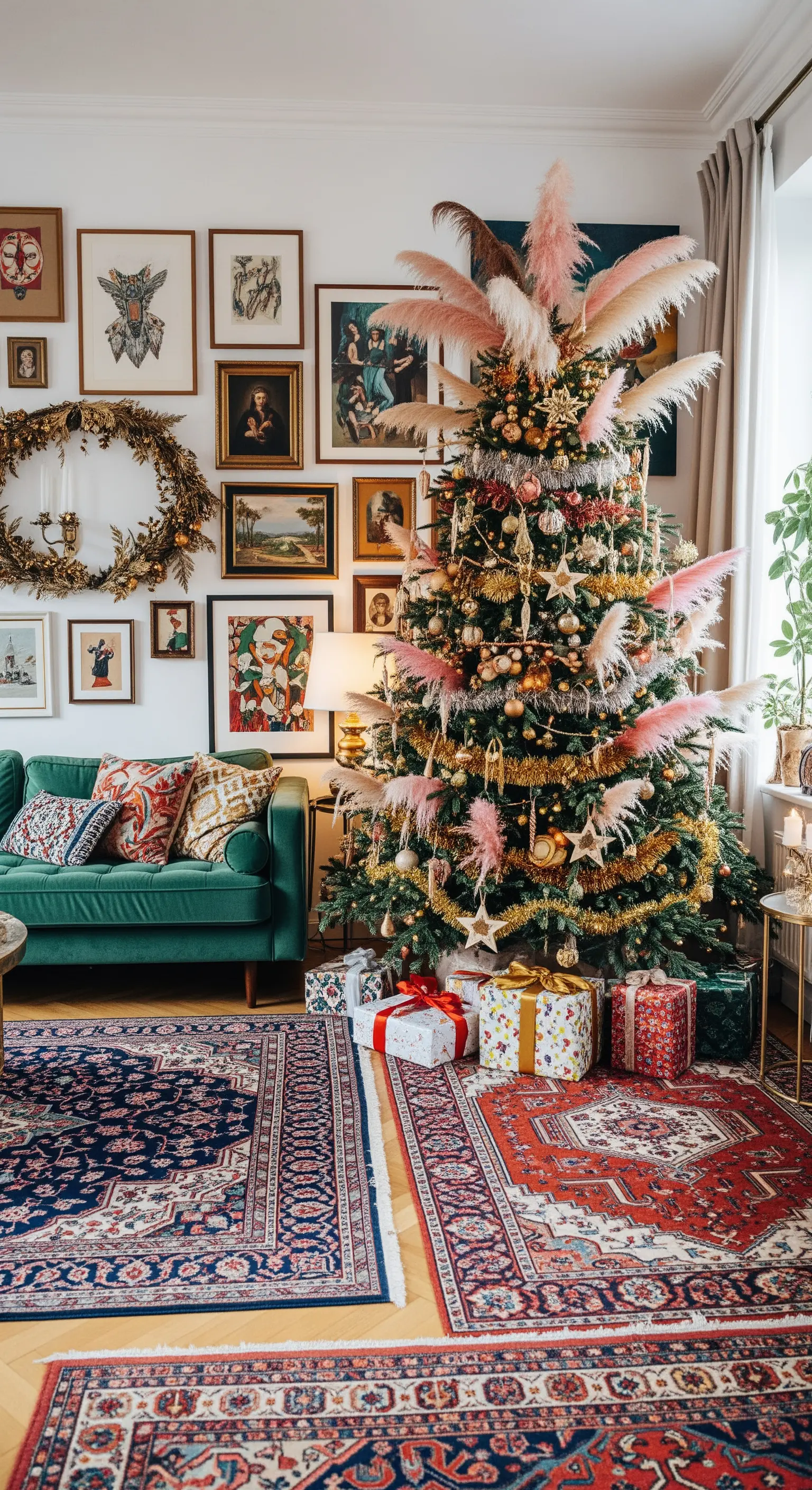 Weihnachtsbaum mit rosa Pampasgras-Wedeln und Vintage-Teppich