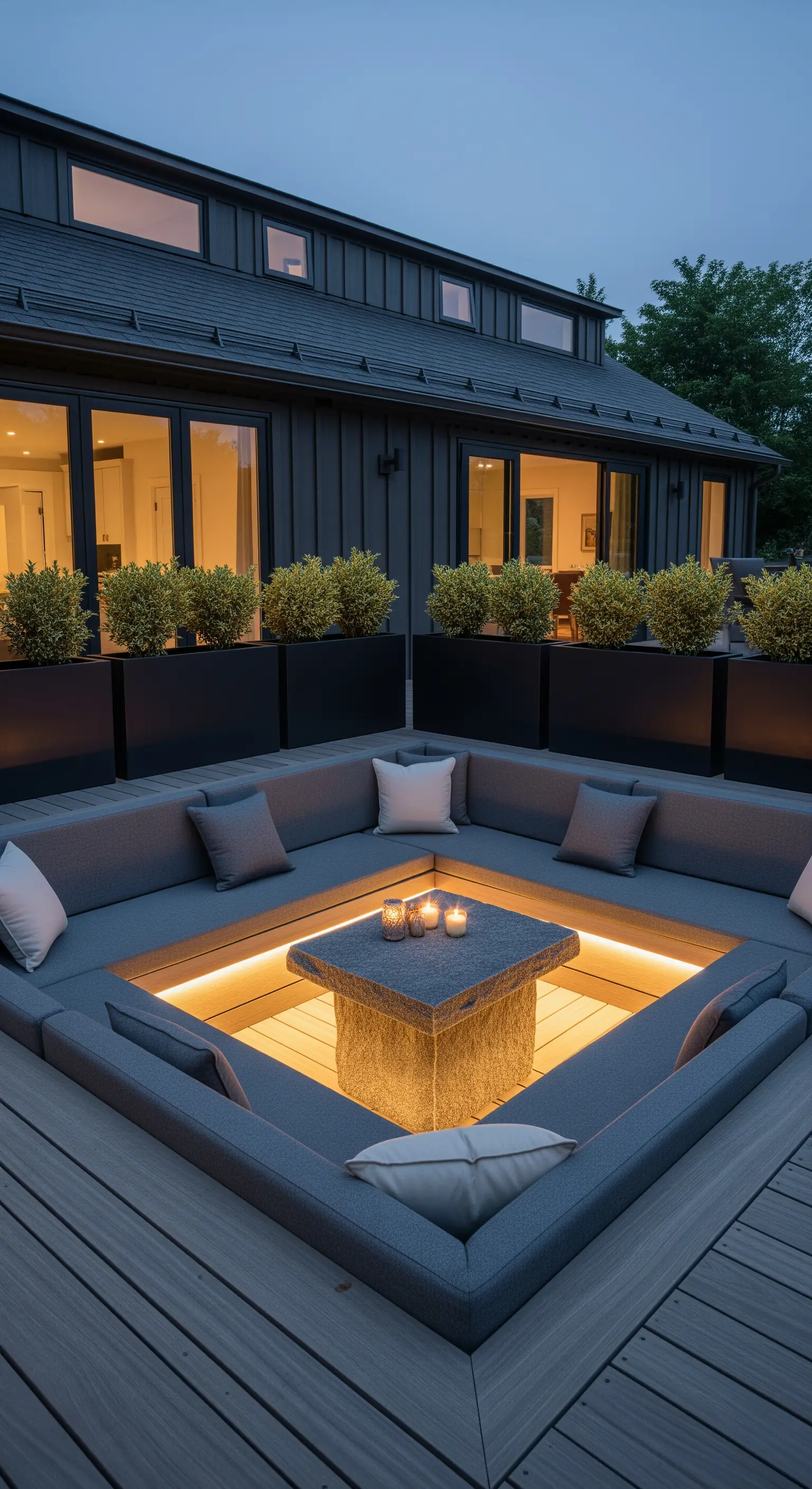 Dunkle Terrasse mit U-Form Sitzbank