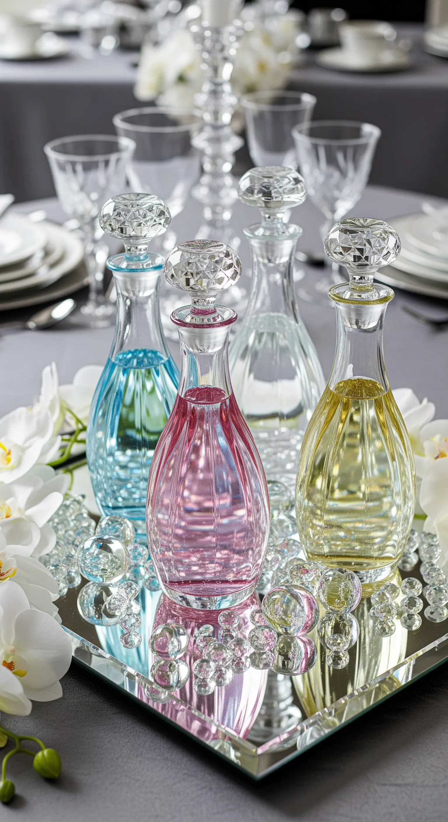 Gruppe von Glasflakons auf Spiegel mit Orchideen