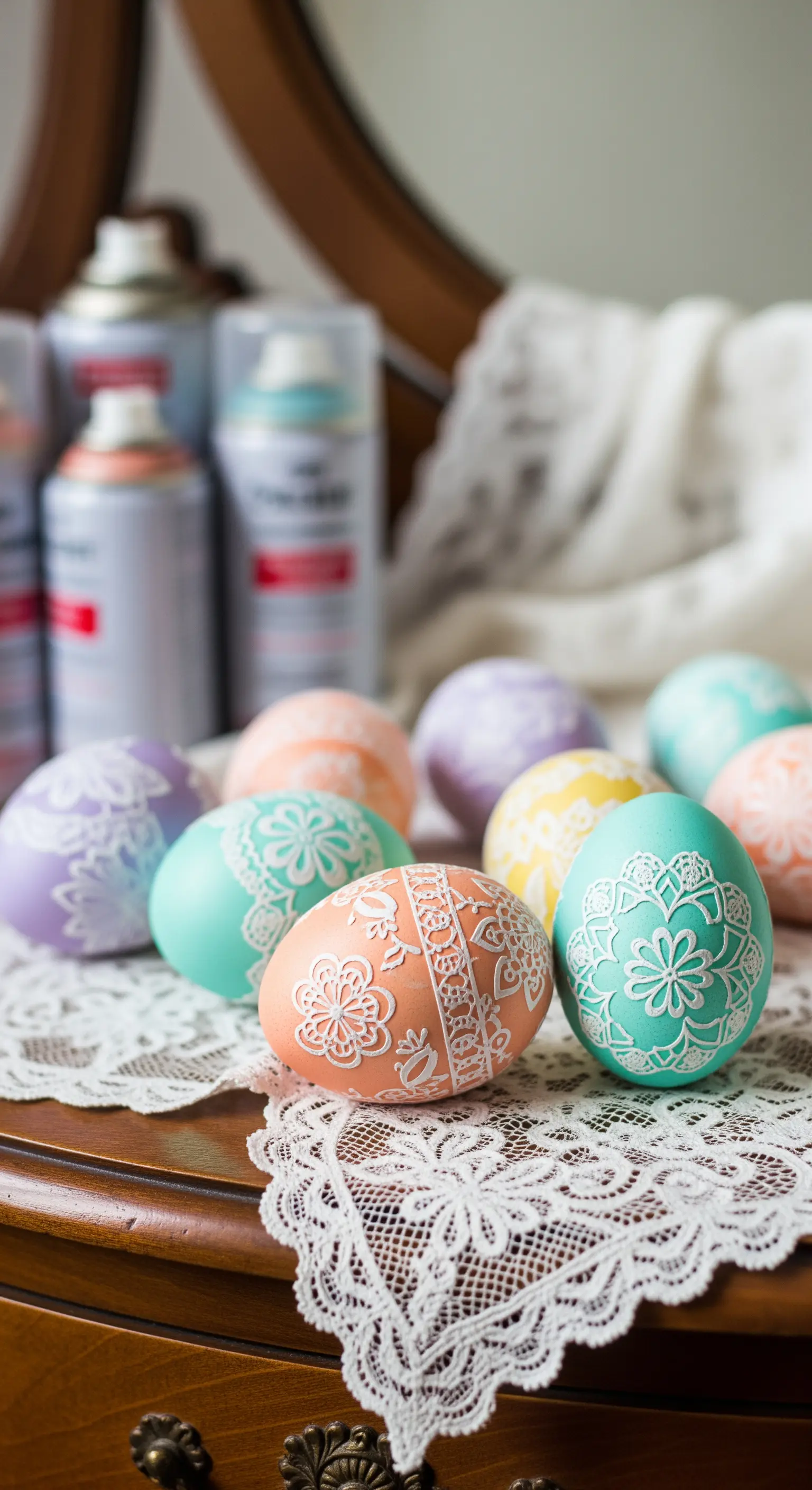 Pastellfarbene Eier mit weißem Reliefmuster auf Spitzendecke