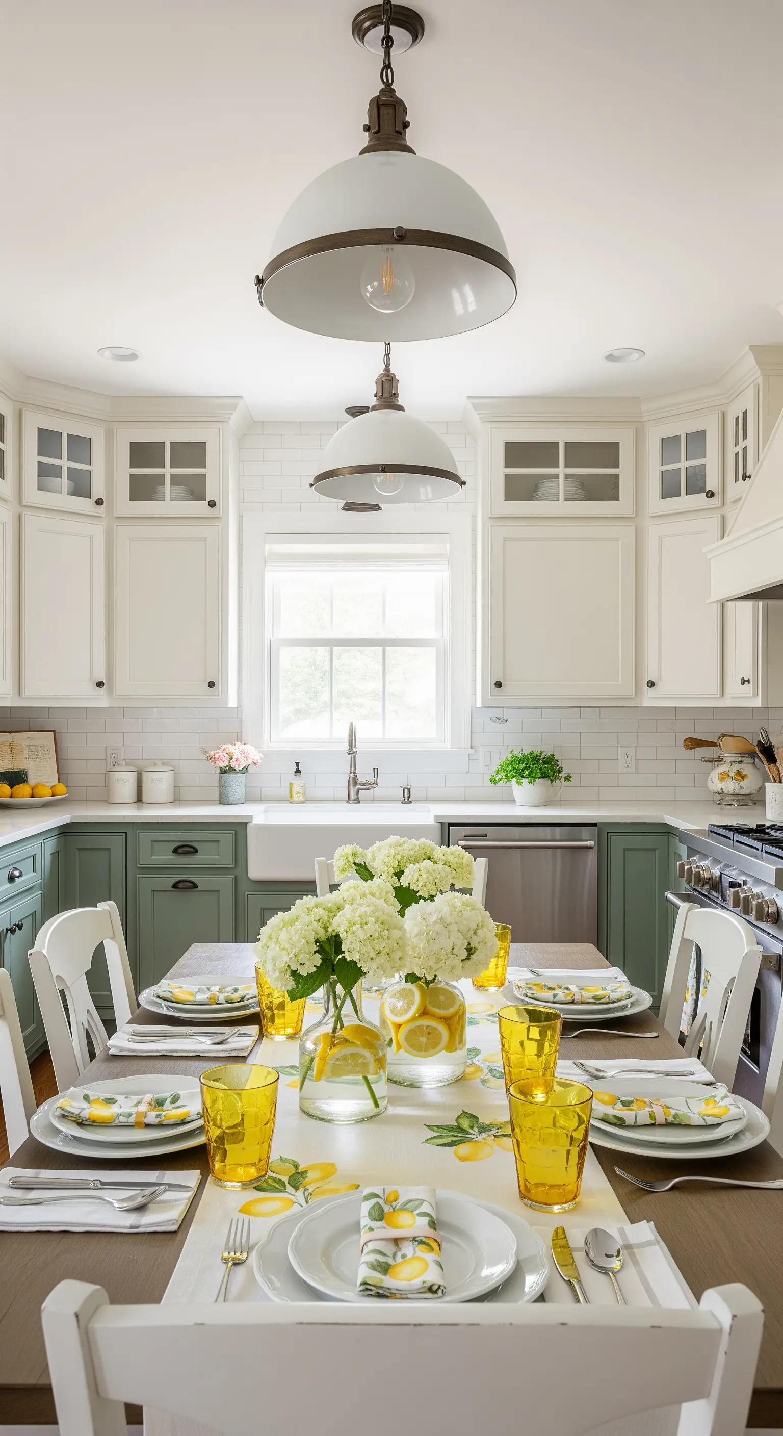 Esstisch Deko mit Hortensien und Zitronenscheiben im Wasser