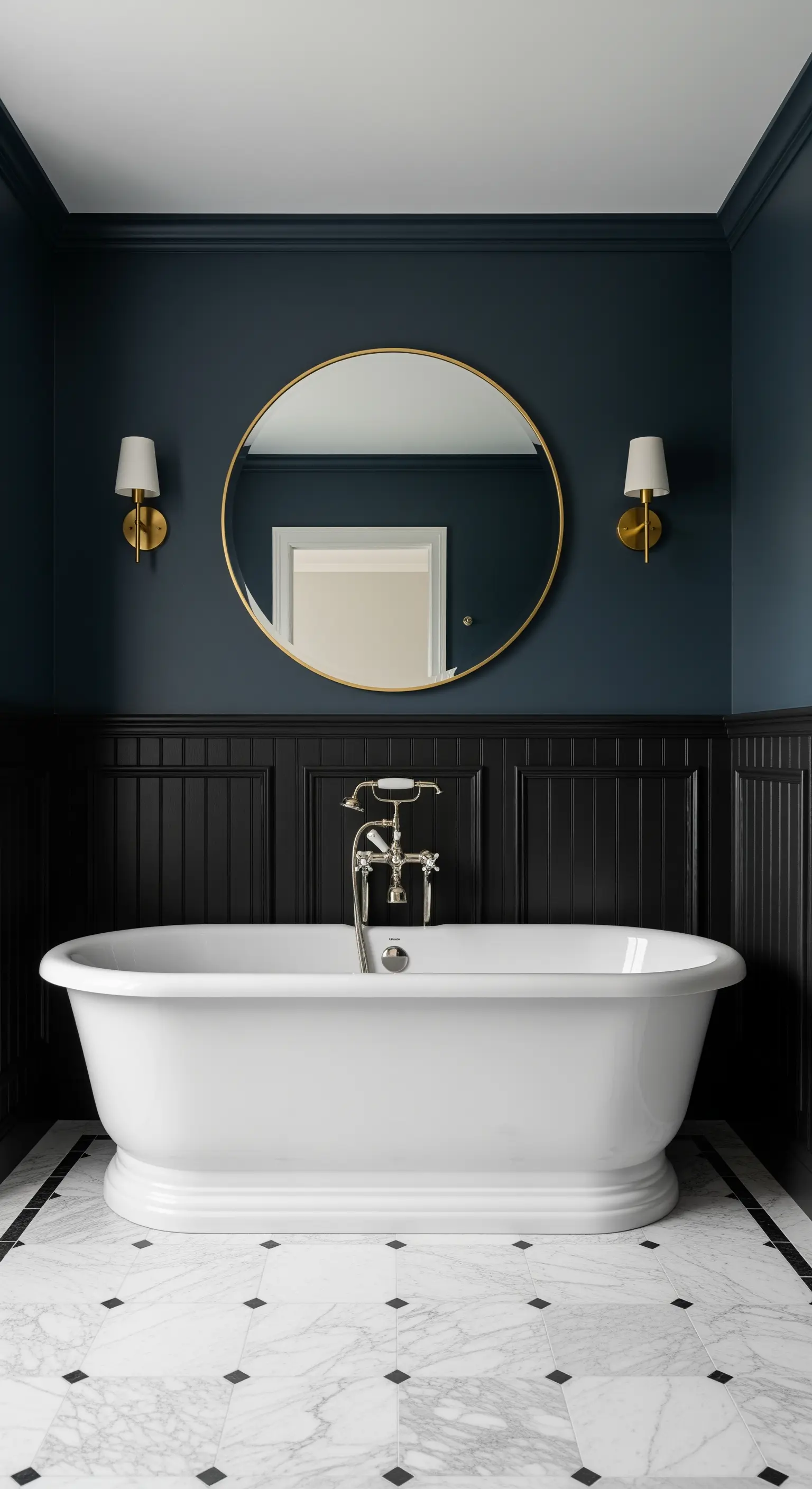 Schwarze Wandvertäfelung mit weißer Wanne und Goldspiegel