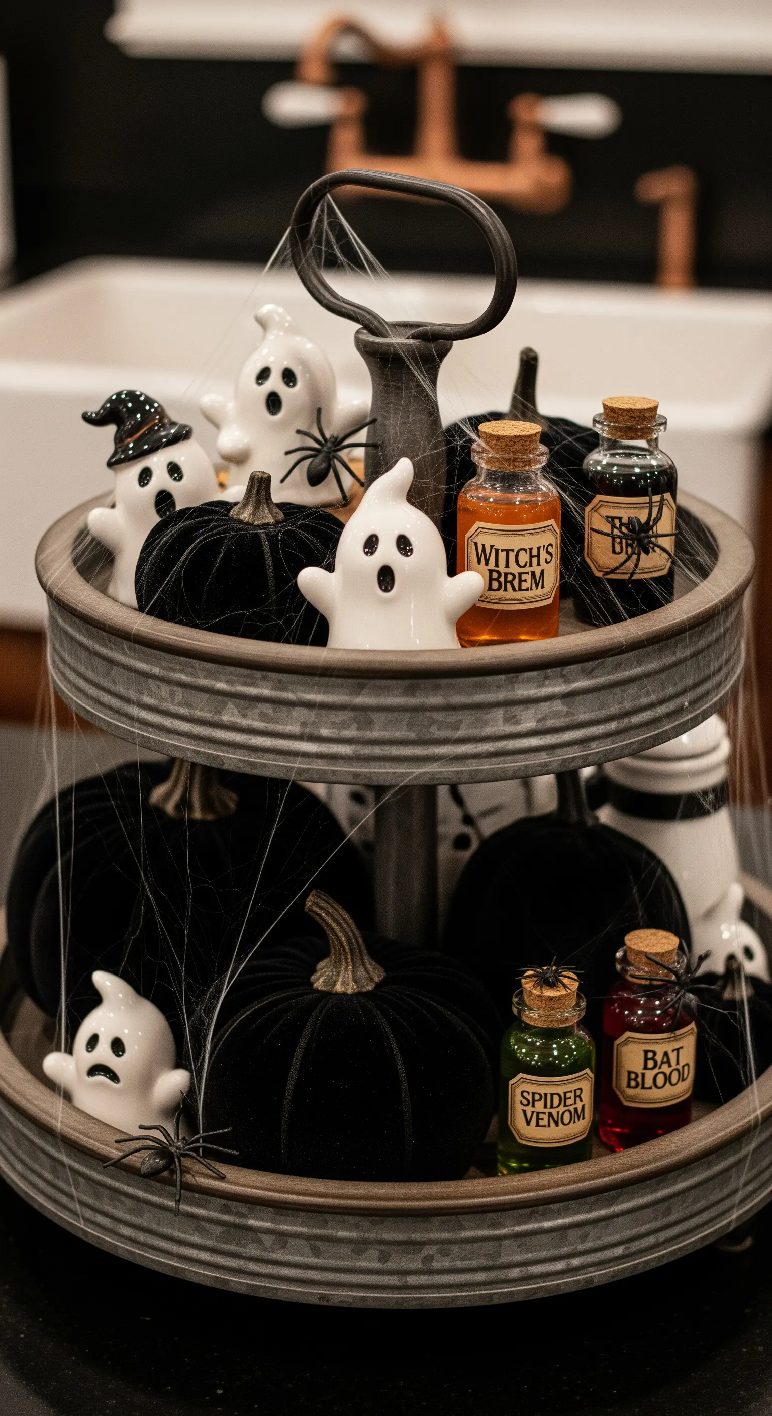 Verzinkte Etagere mit schwarzen Samtkürbissen und Keramikgeistern