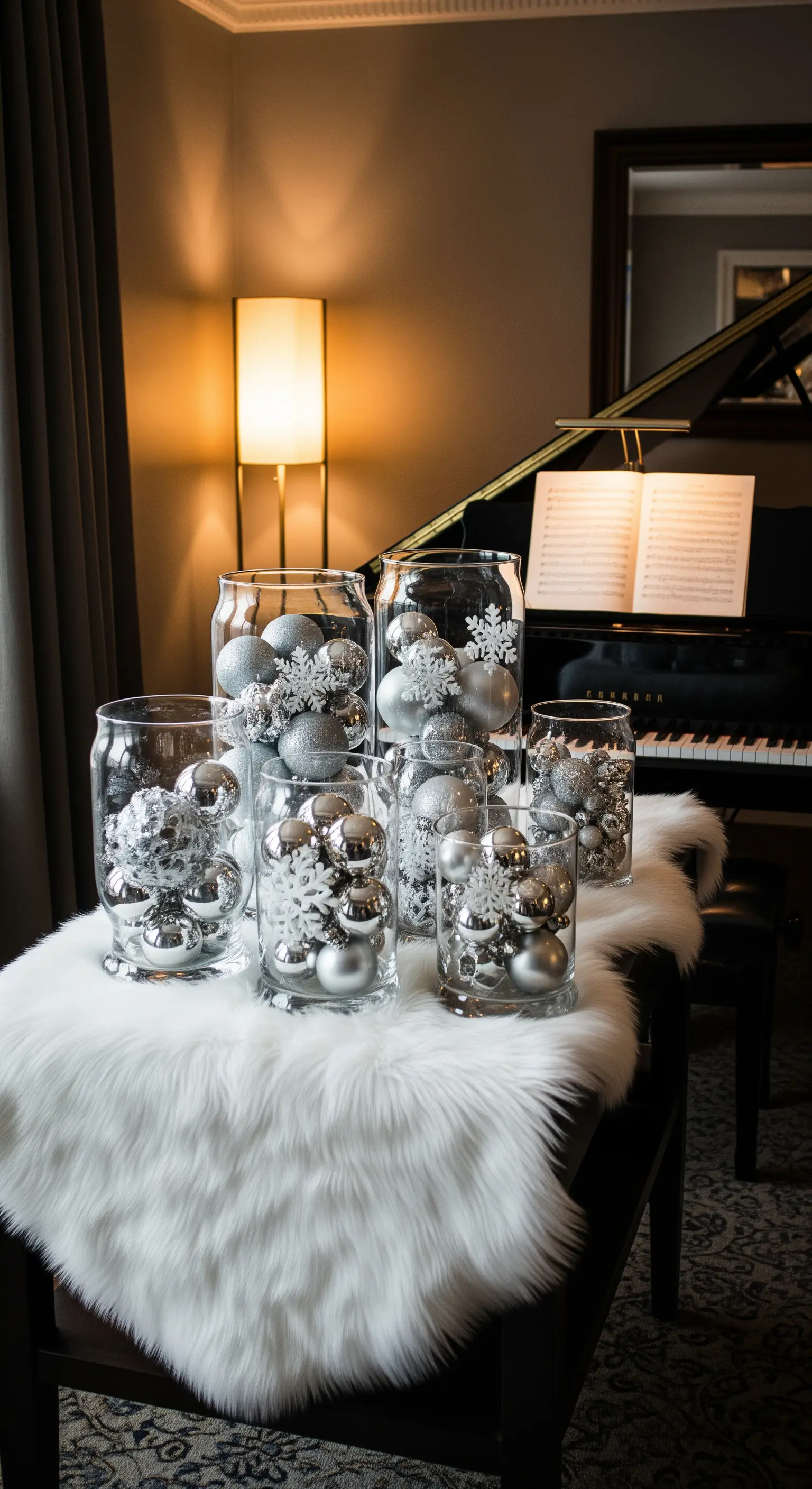 Klavier mit Glasvasen voller Silberkugeln und Fell