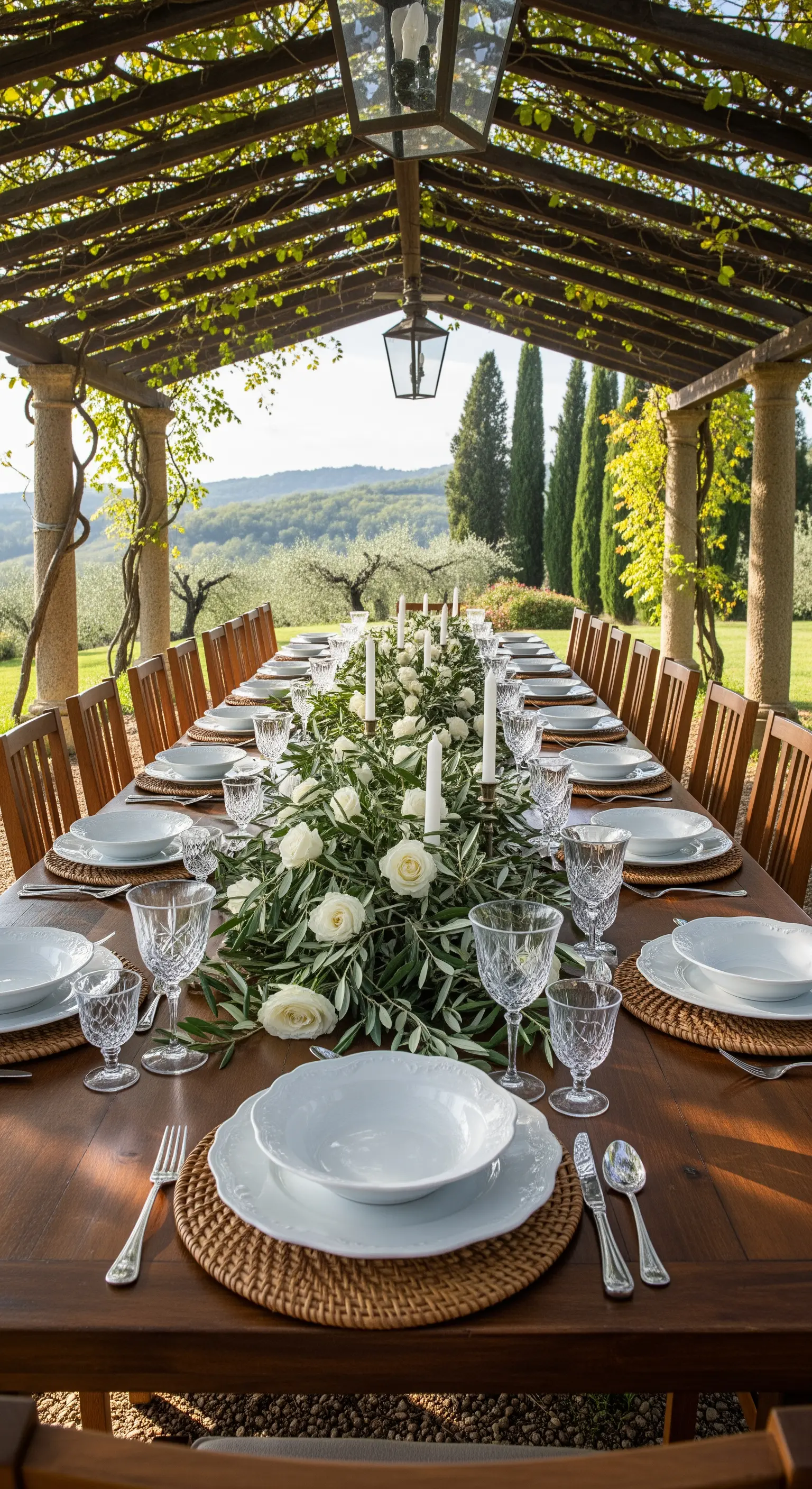 Lange Tafel unter Pergola mit Olivenzweig-Girlande und weißen Rosen