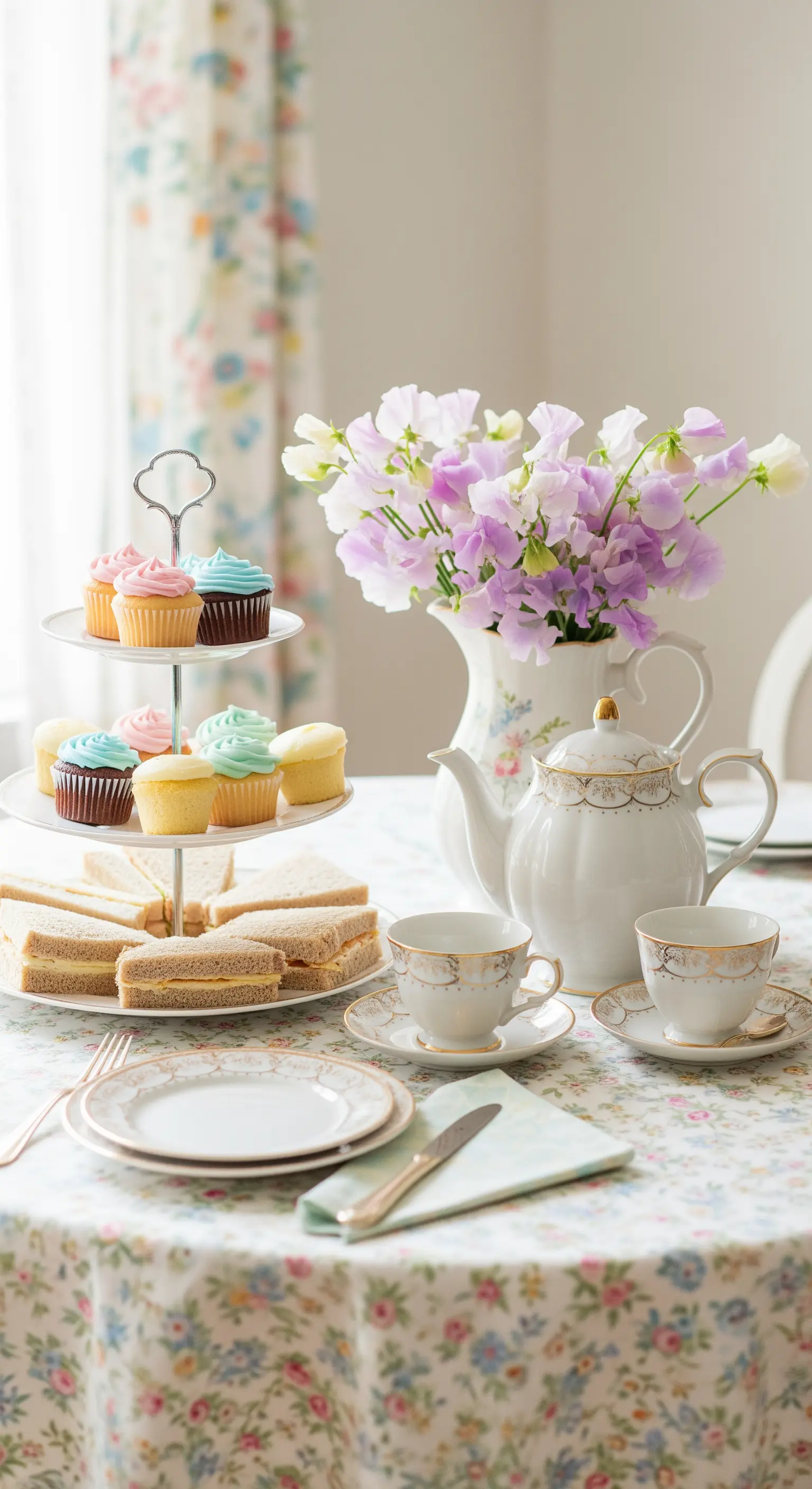 Etagere mit Cupcakes und Kanne mit Wicken