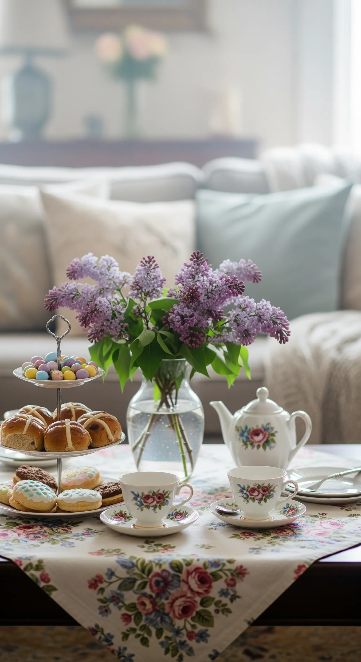 Tisch mit floraler Decke, Flieder und Teegeschirr