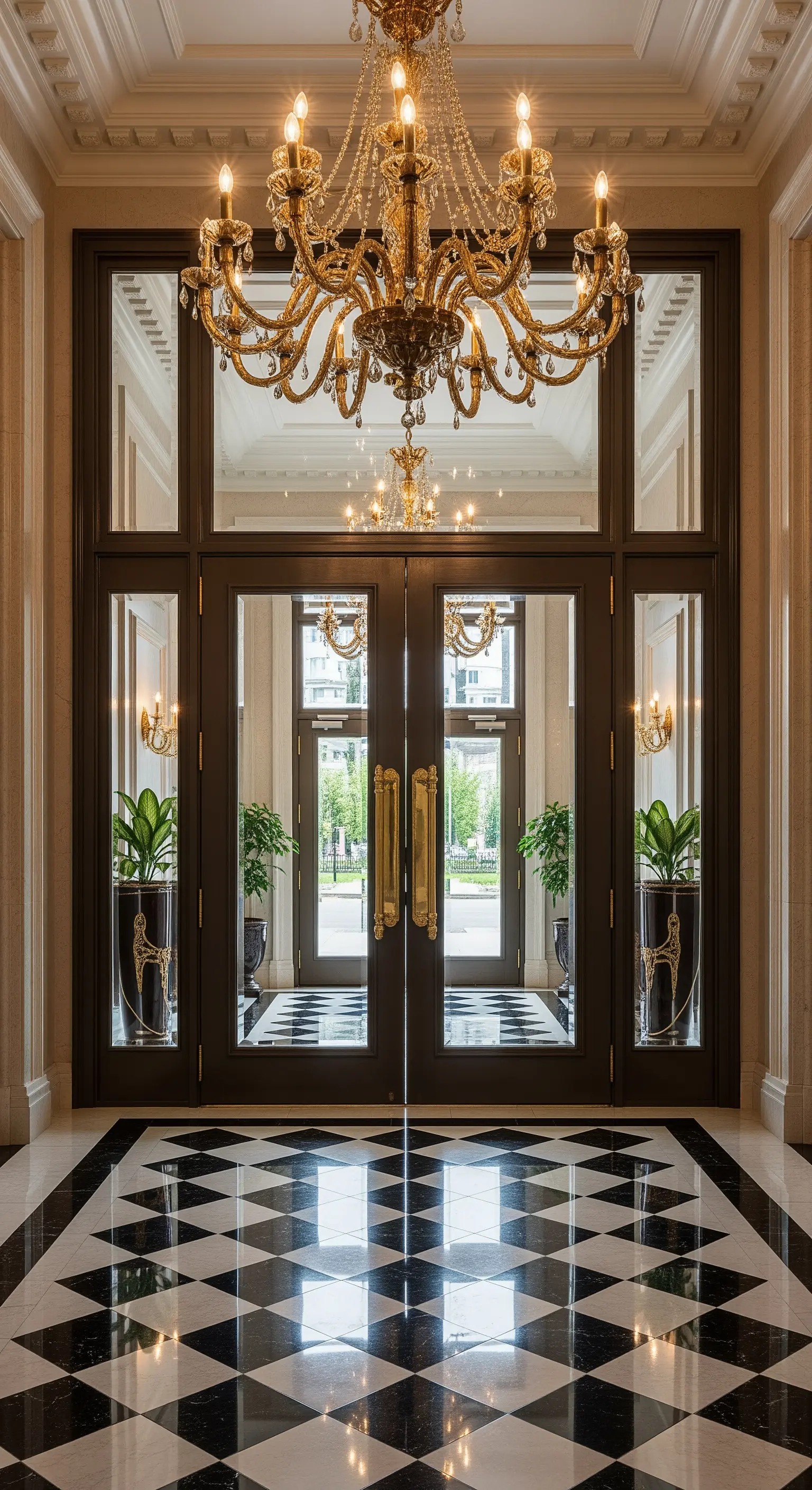 Große Glastüren im Eingangsbereich mit Kronleuchter