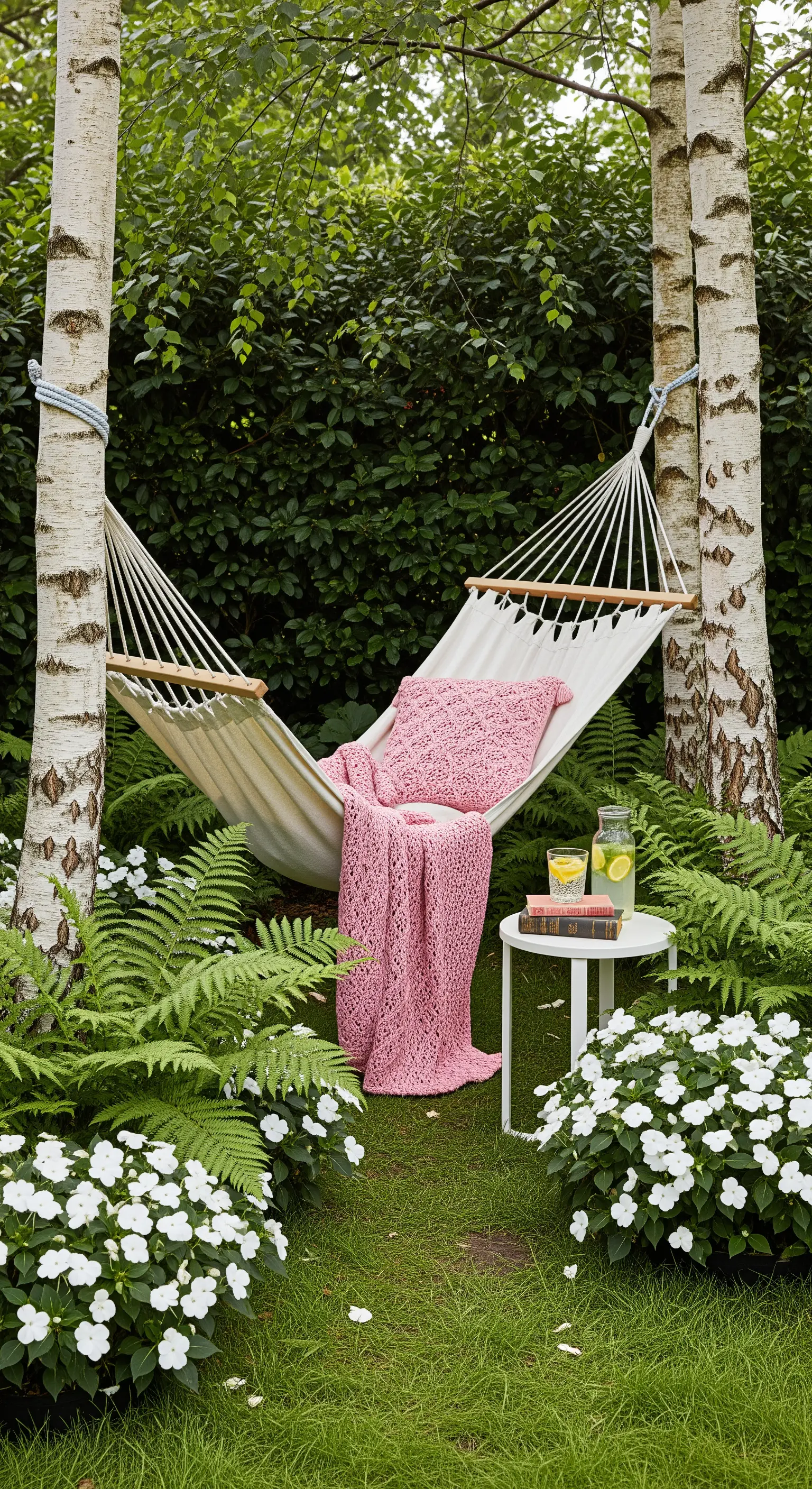 Hängematte mit rosa Decke im Garten