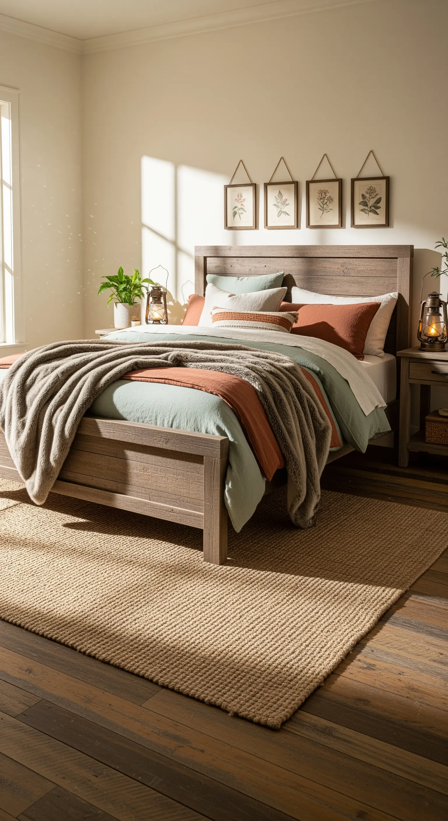 Landhaus-Schlafzimmer mit Bettwäsche in Salbei und Terrakotta