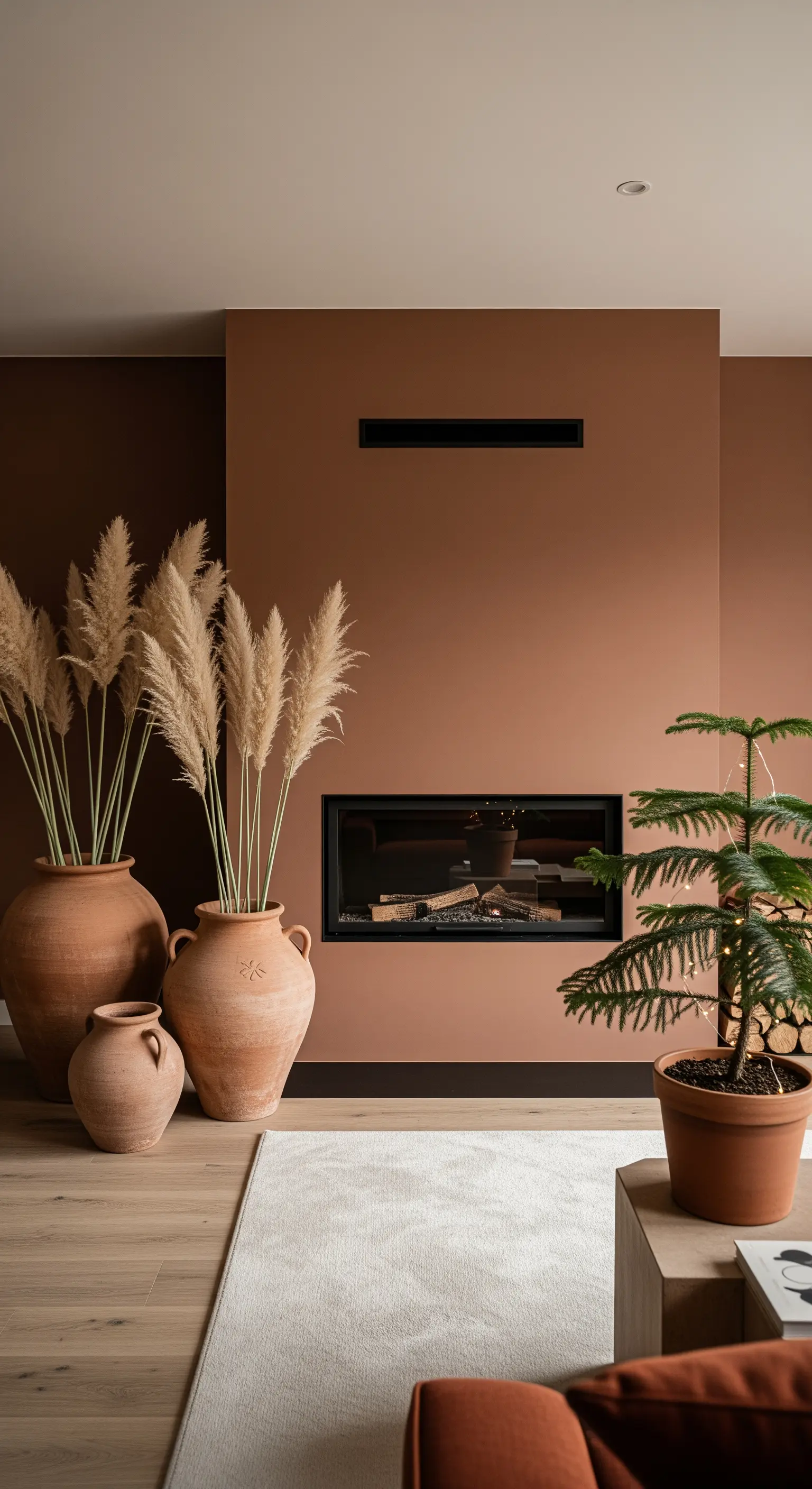 Große Terracotta-Vasen mit Pampasgras neben modernem Kamin
