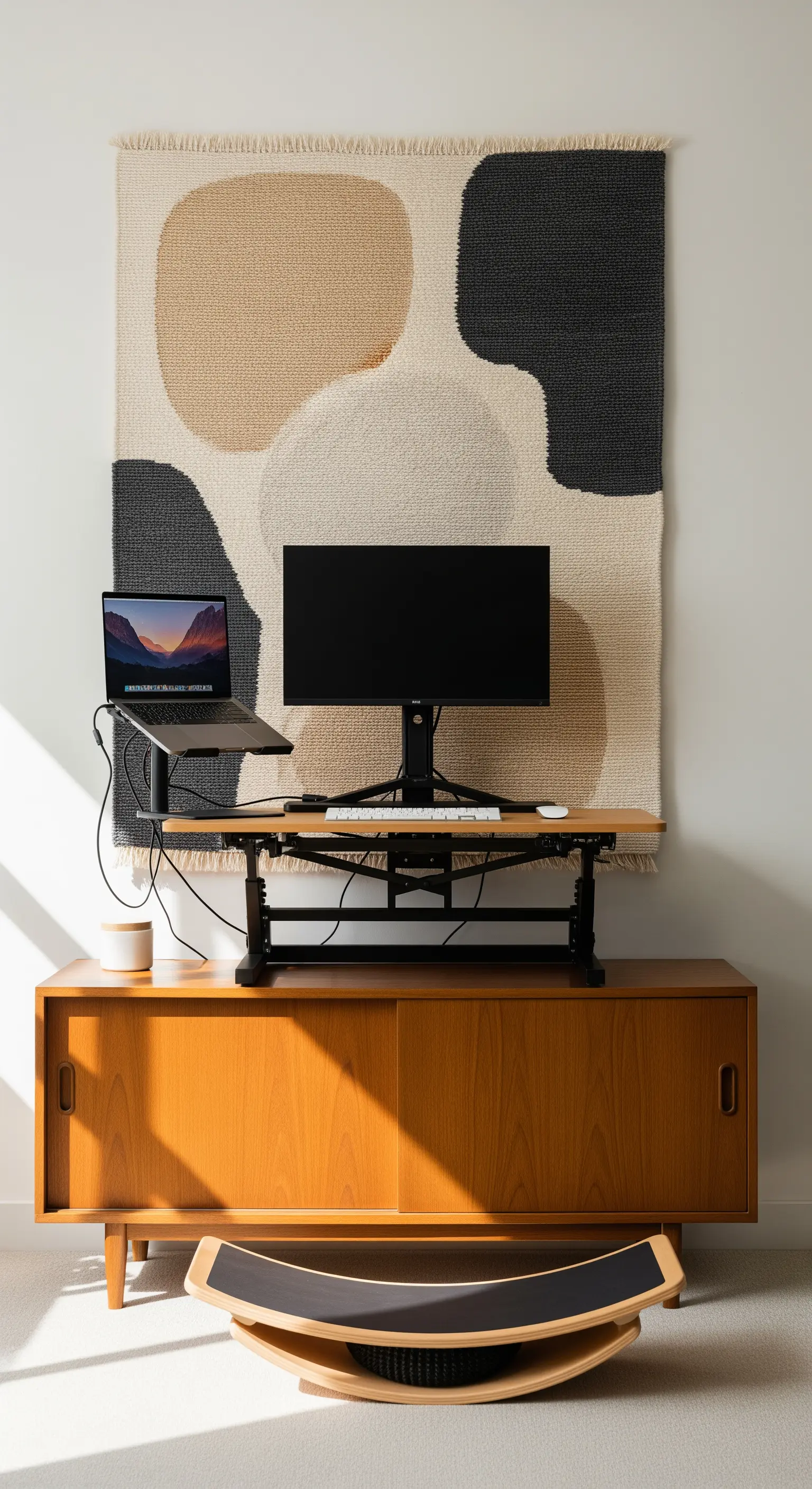 Stehschreibtisch-Aufsatz auf Vintage-Sideboard vor Wandteppich