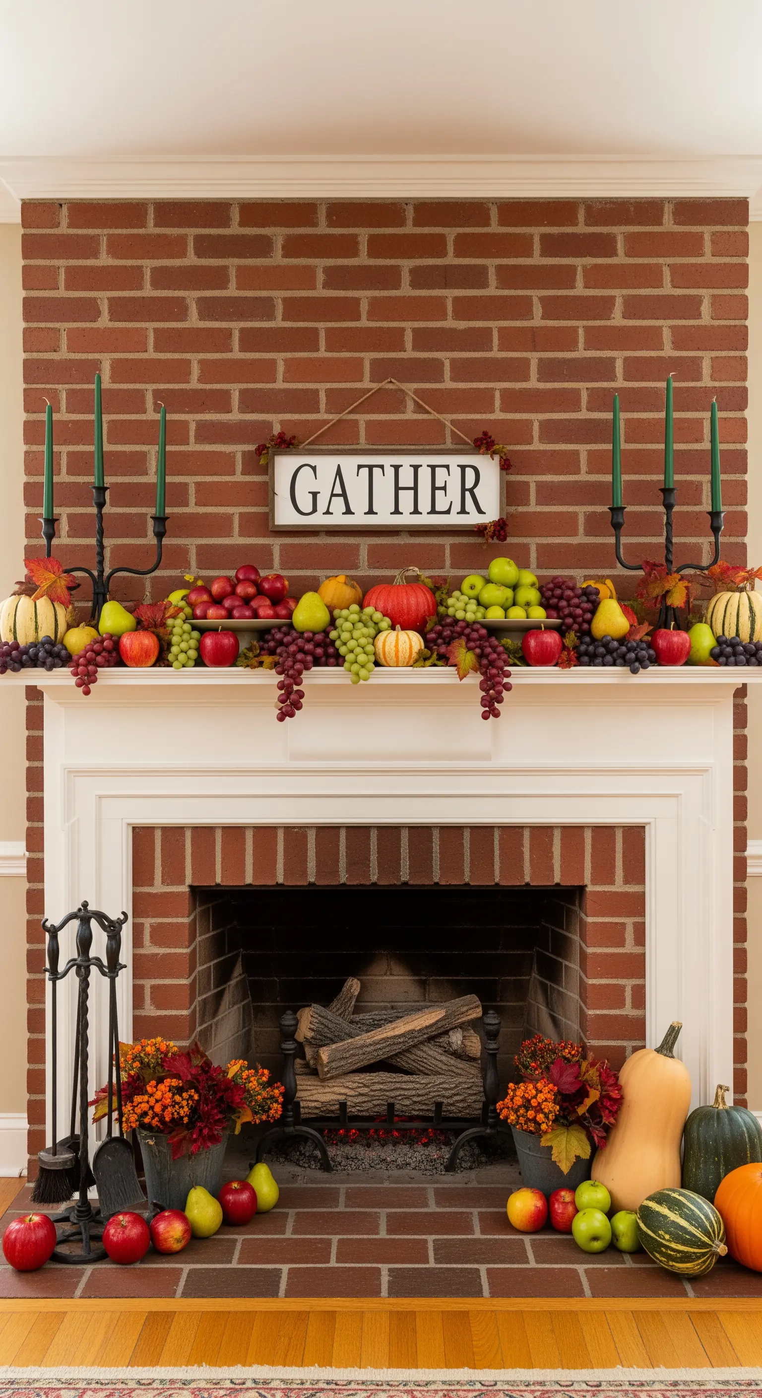 Üppige Obst-Deko mit Äpfeln und Gather-Schild am Kamin