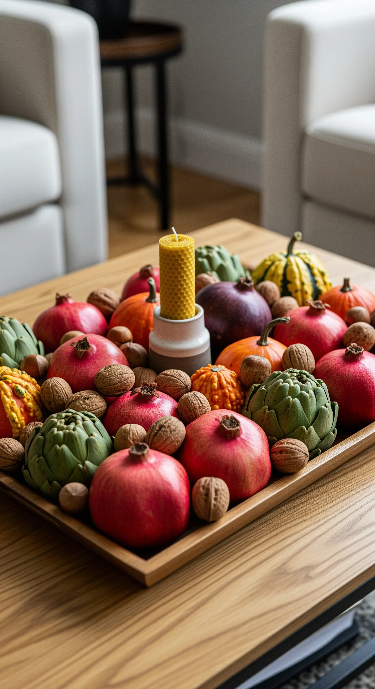 Holztablett mit Granatäpfeln, Artischocken und Nüssen