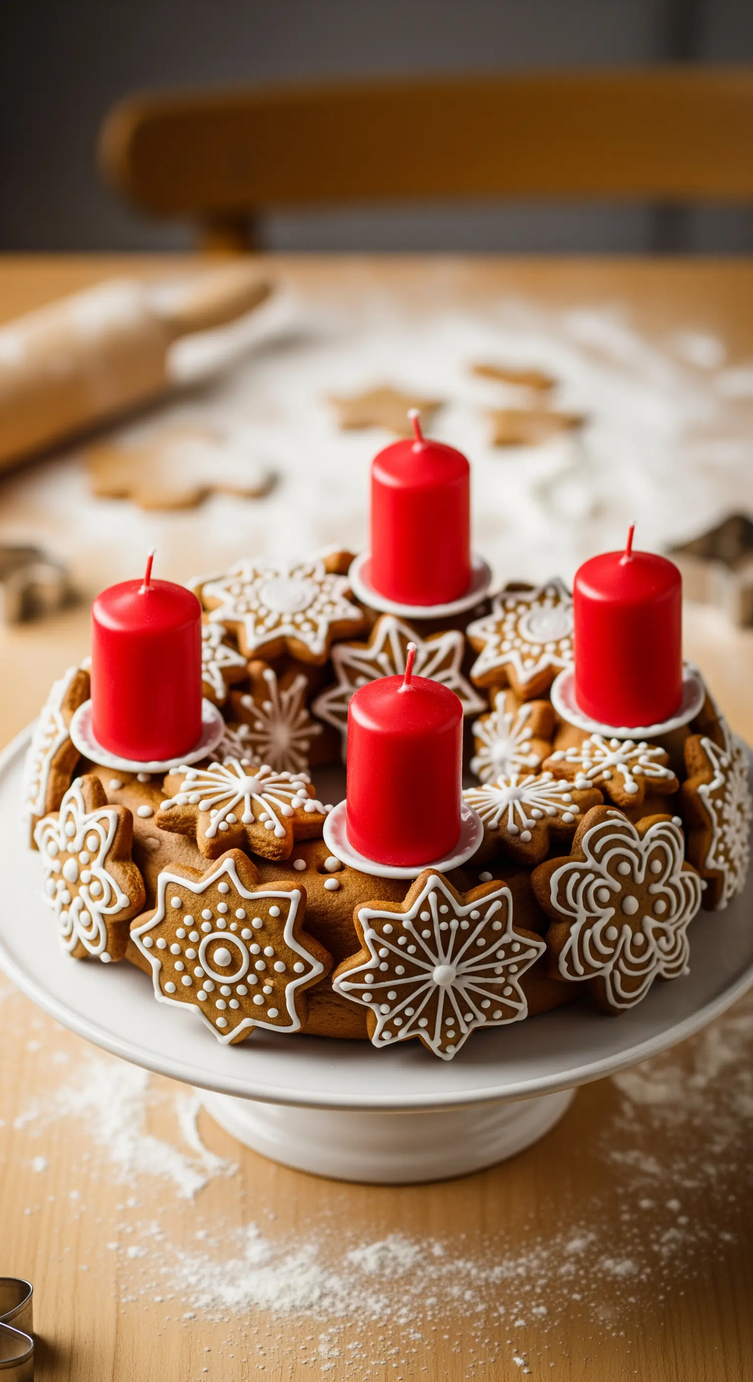 Adventskranz aus gebackenen Lebkuchensternen mit Zuckerguss und roten Kerzen