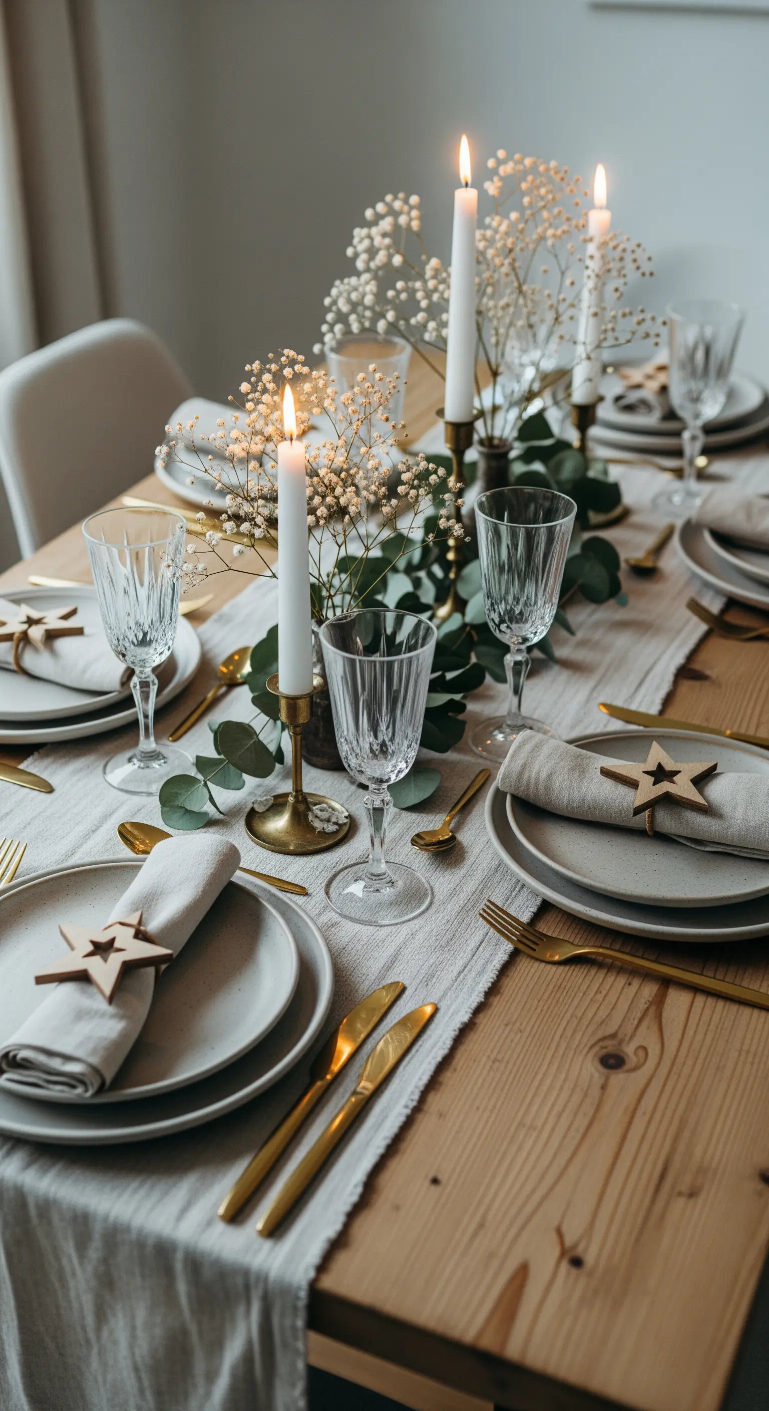 Gedeckter Tisch mit Eukalyptus und Holzsternen