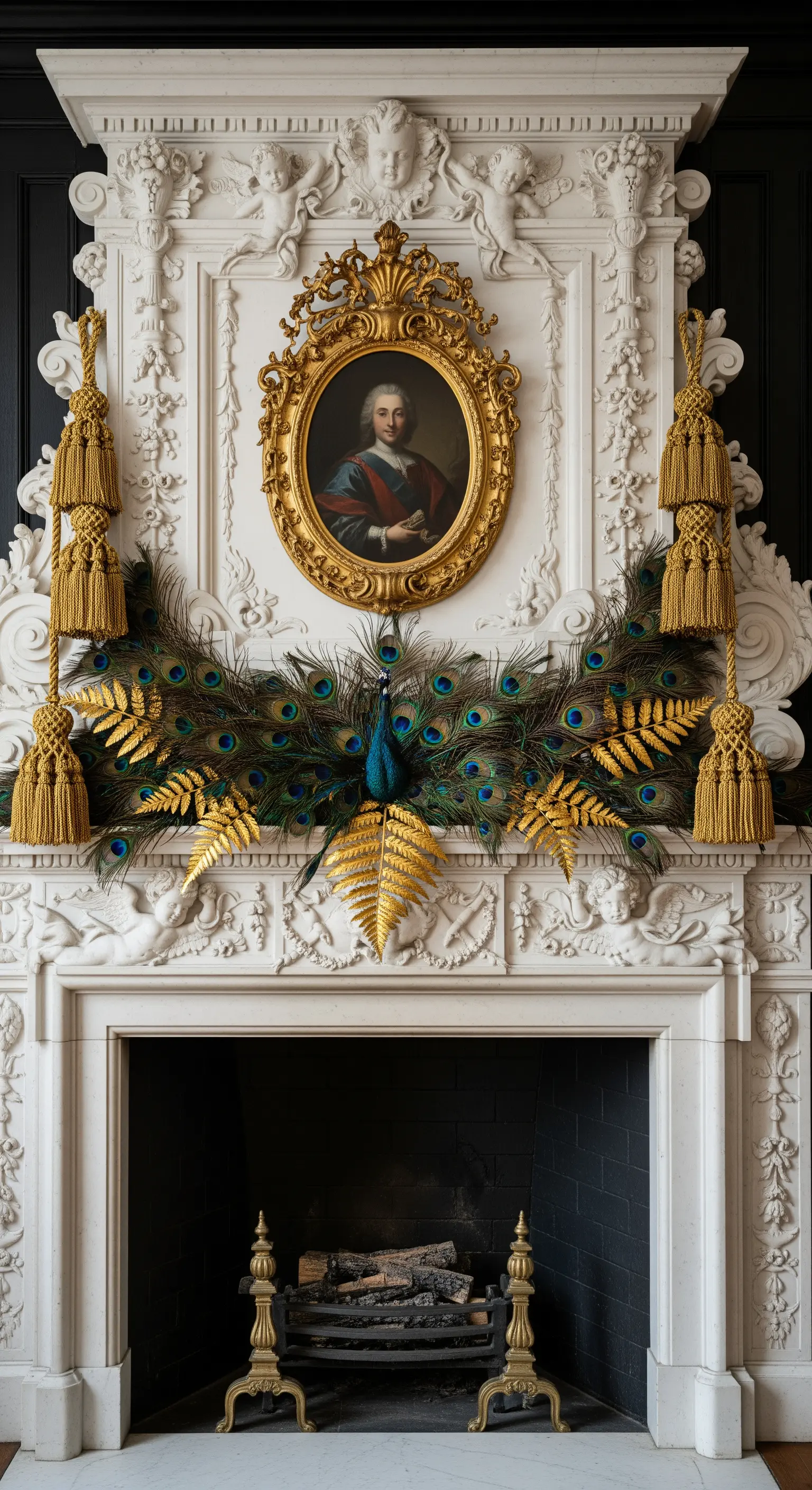 Weißer Stuckkamin, dekoriert mit Pfauenfedern, goldenen Farnen und großen Quasten.
